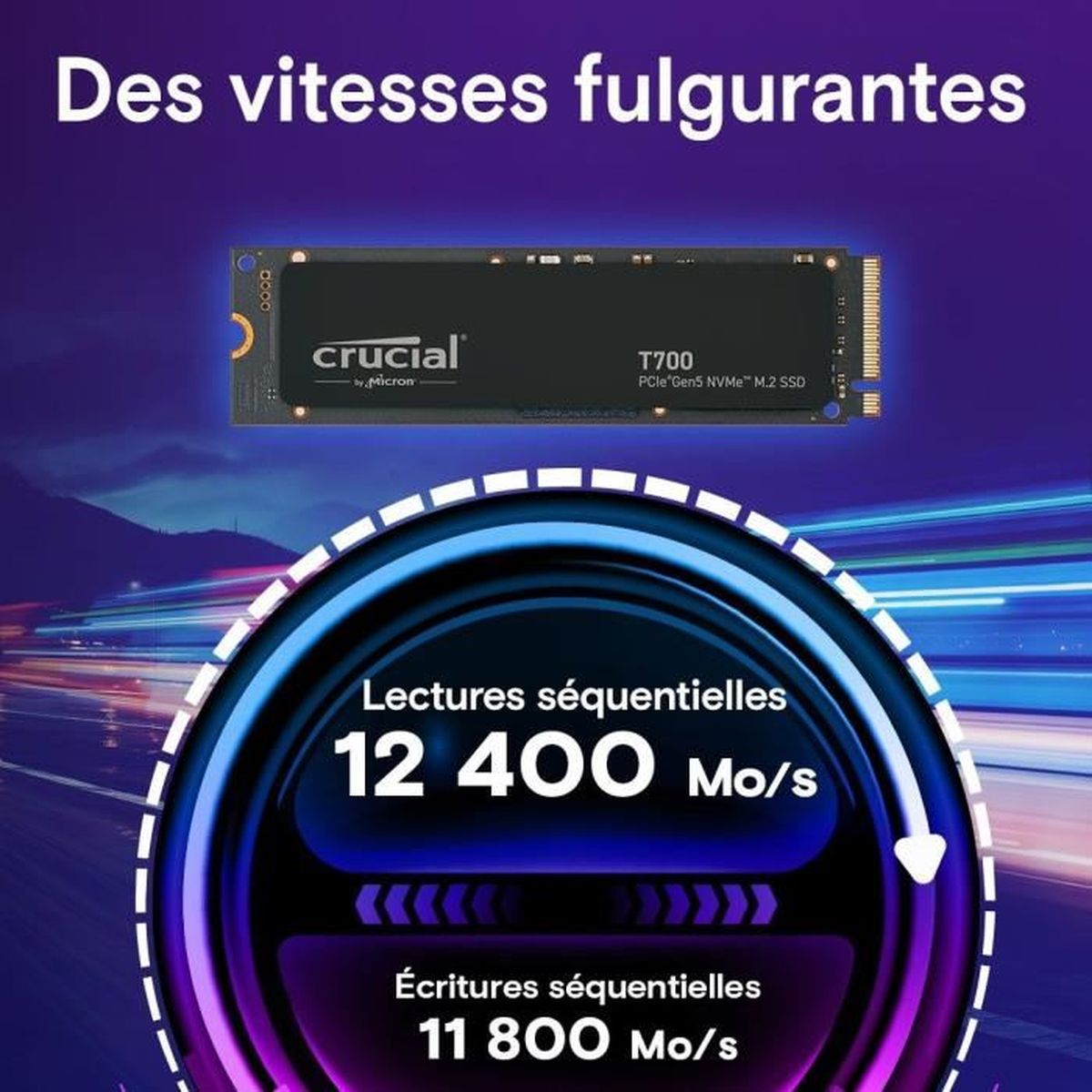 Reklama dysku SSD Crucial T700. Pokazuje prędkości odczytu/zapisu 12400 i 11800 MB/s, oraz nazwę produktu.