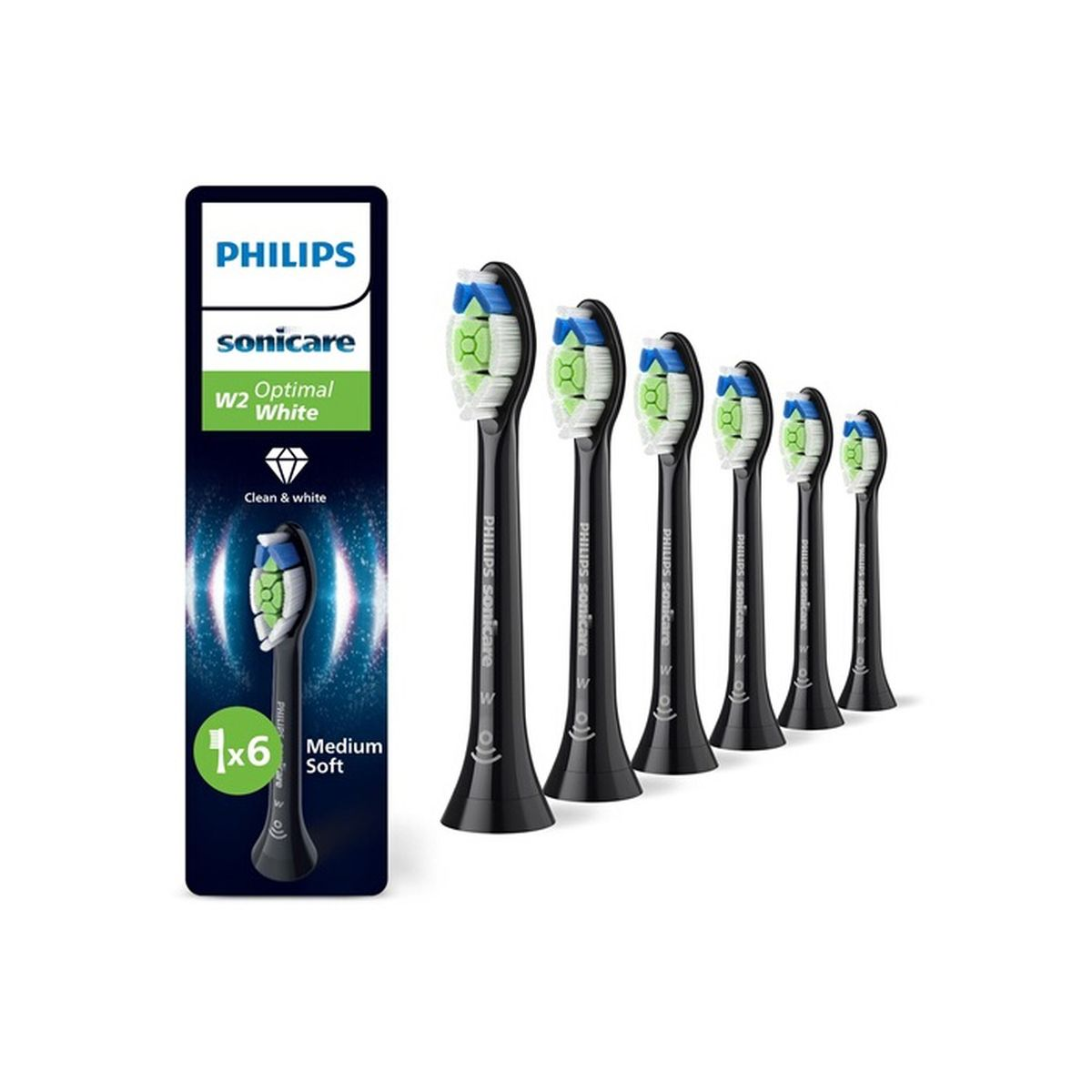 Zdjęcie przedstawia głowice szczoteczek do zębów Philips Sonicare. Sześć czarnych głowic z białym włosiem, niebieskimi i zielonymi akcentami i opakowaniem.