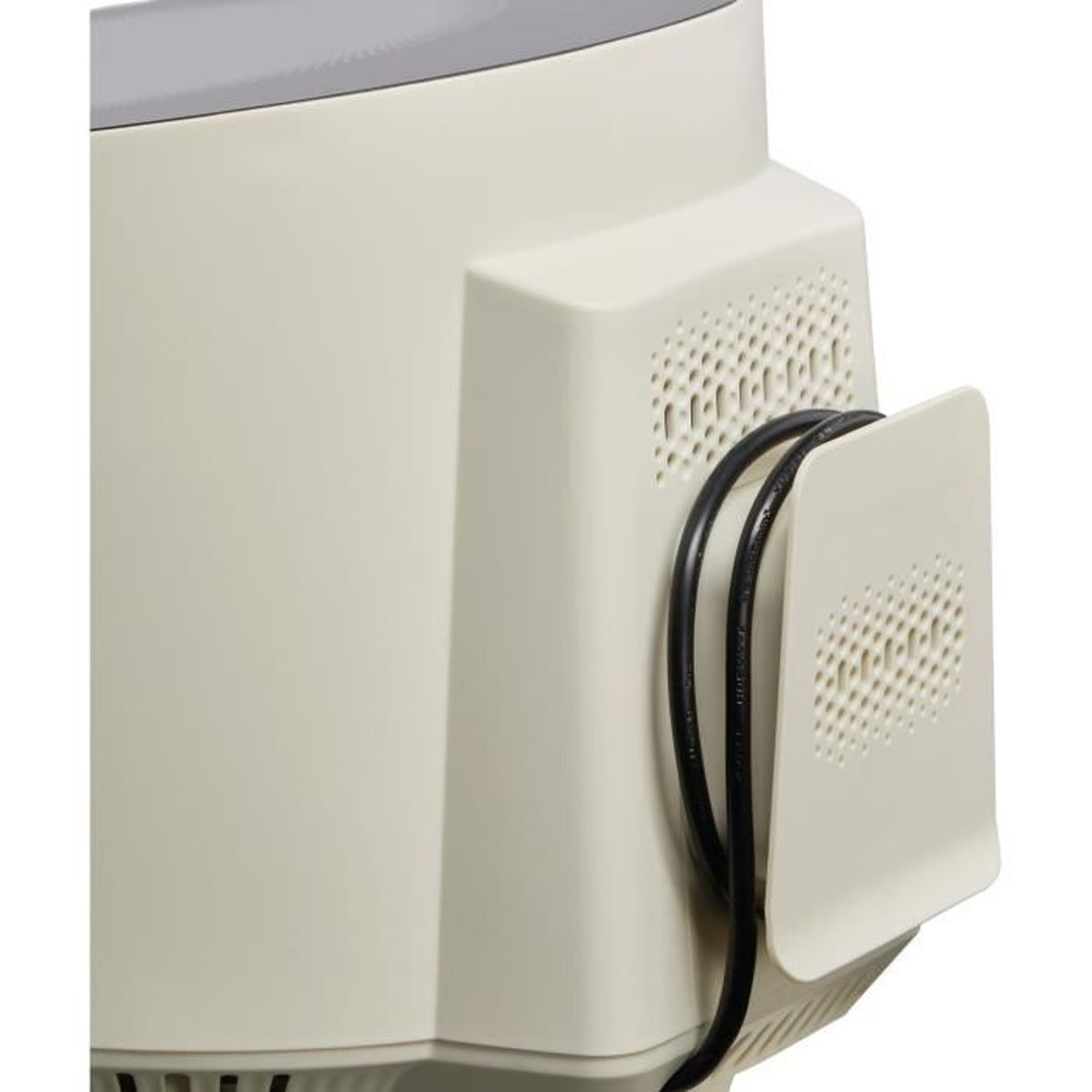 Zbliżenie beżowego urządzenia z czarnym kablem. Urządzenie posiada otwory wentylacyjne i uchwyt na kabel.