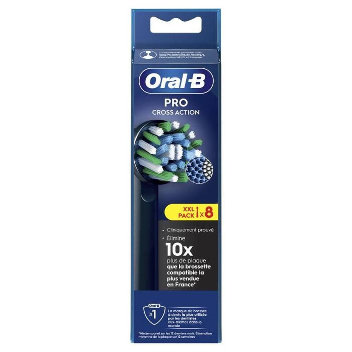 Confezione testine spazzolino Oral-B Pro Cross Action. Setole blu, bianche e verdi. La confezione ha testo in francese. Dice '10x più rimozione della placca'.