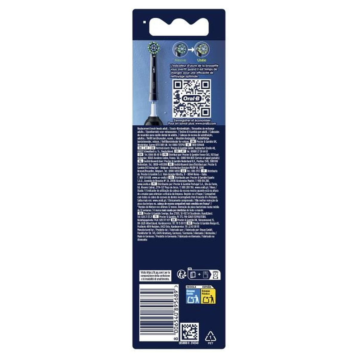 Retro della confezione dello spazzolino Oral-B. Presenta testo, immagine e codice QR.