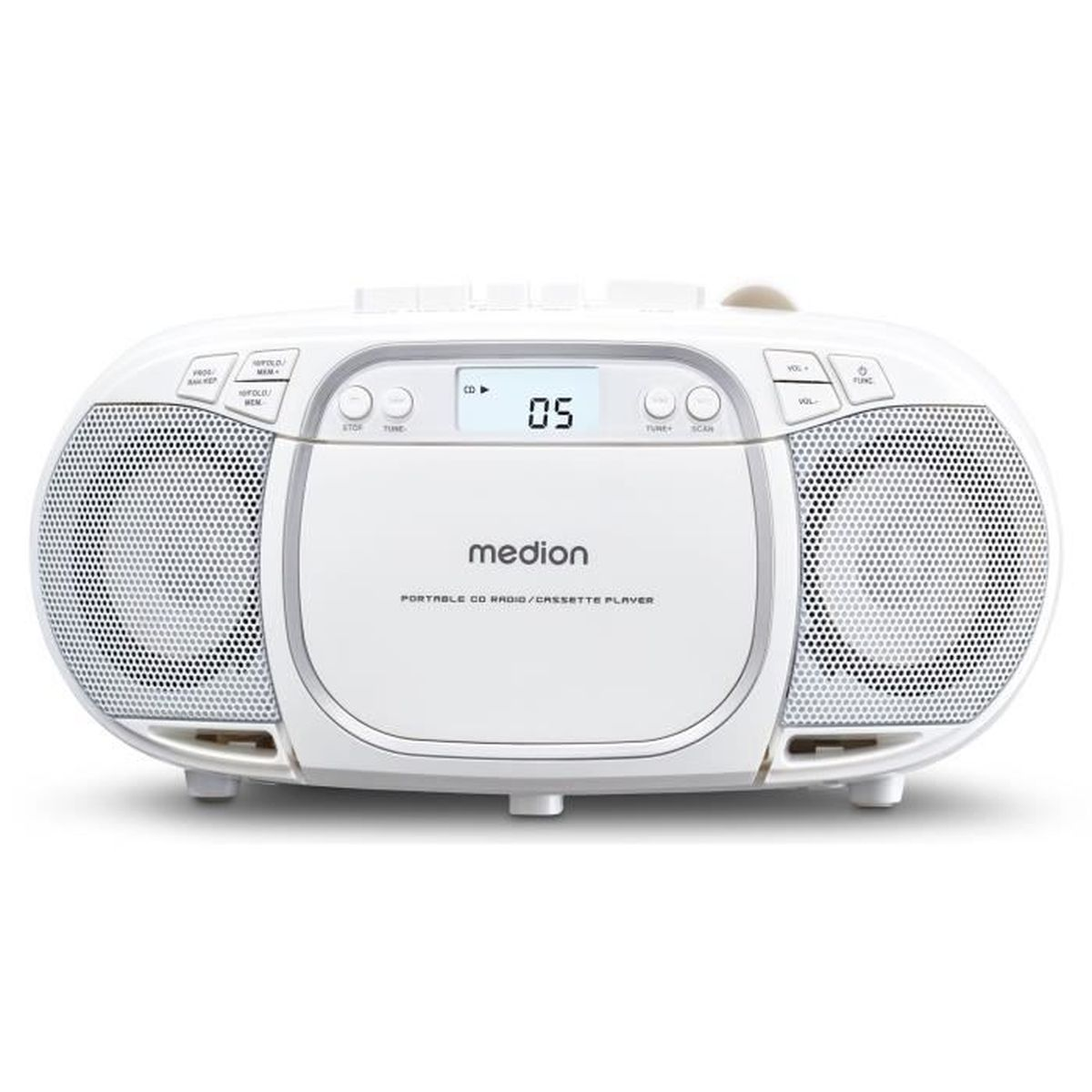 Ein weißer tragbarer Medion CD-Radio/-Kassettenrekorder. Mit Lautsprechern, Display mit '05', Knöpfen und einem Griff.