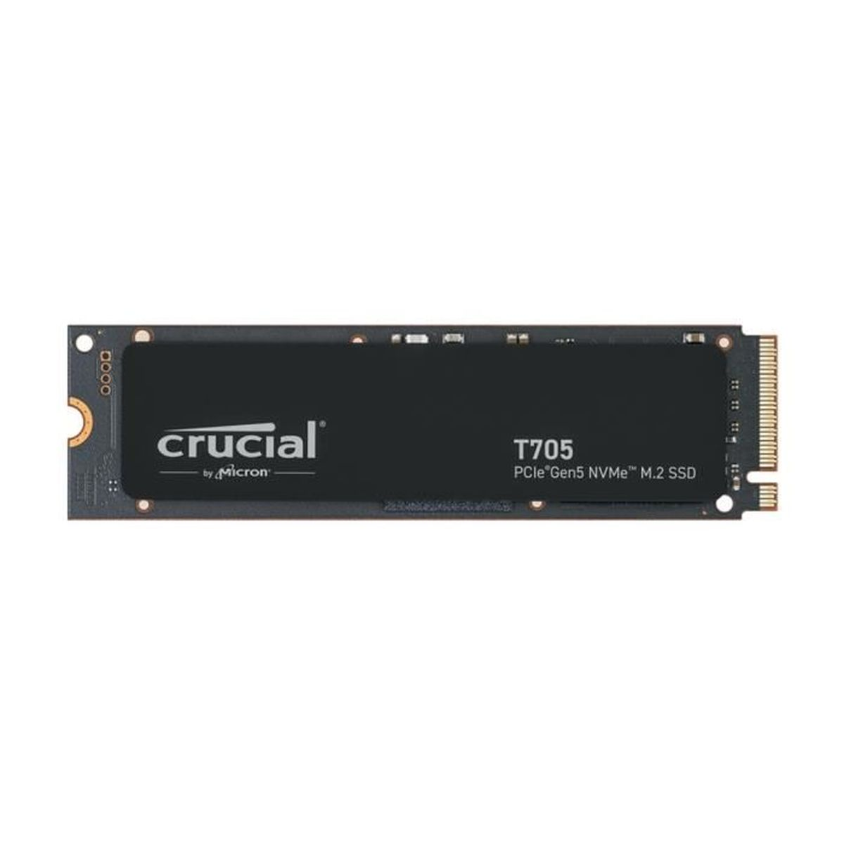 Czarny Crucial T705 PCIe Gen5 NVMe M.2 SSD. Dysk SSD ma czarną obudowę z logo Crucial i informacjami o produkcie.