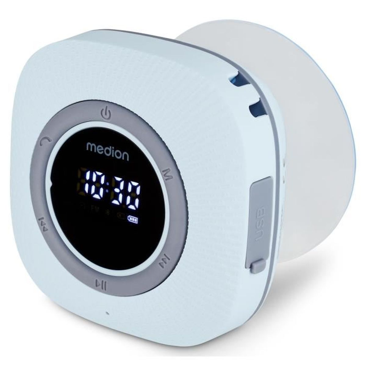A white Medion CD player with a digital clock displaying 10:30. It has a USB port and control buttons. The design is circular.