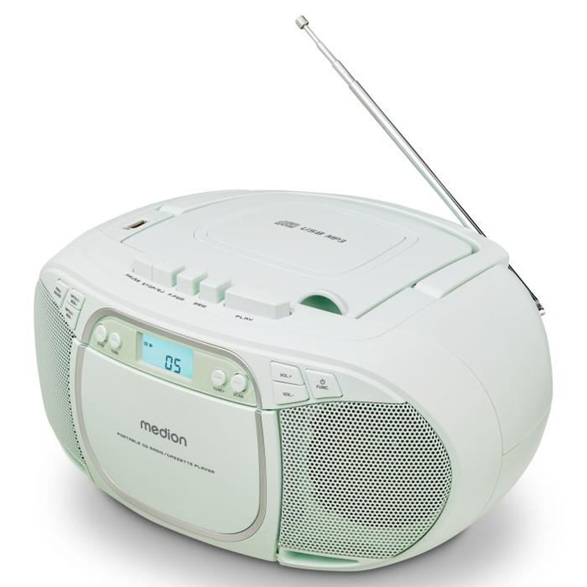 Ein mintgrünes tragbares Radio mit CD- und Kassettenspieler und Antenne. Das Radio hat ein Digitaldisplay und Lautsprechergitter.