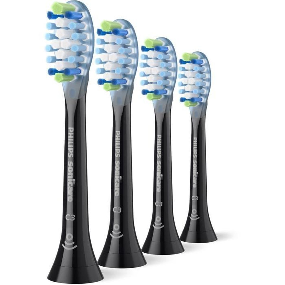 Cuatro cabezales de cepillo de dientes Philips Sonicare negros con cerdas azules, verdes y blancas, dispuestos en fila sobre fondo blanco.