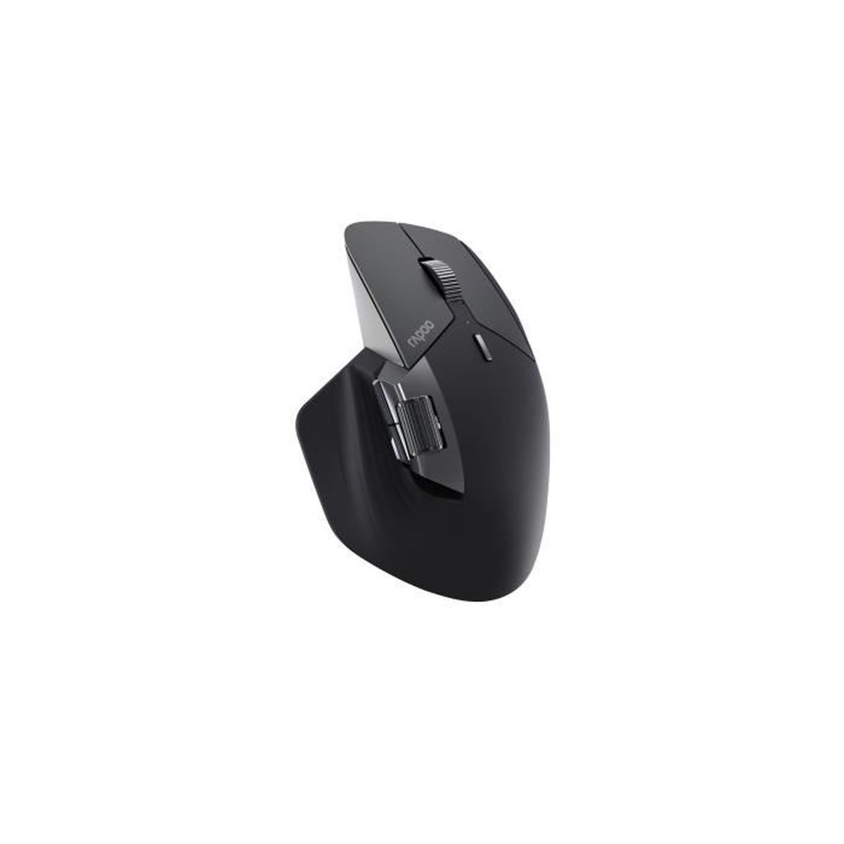 Une souris d'ordinateur ergonomique noire avec la marque Rapoo est montrée sur un fond blanc. La souris a une molette et des boutons latéraux.