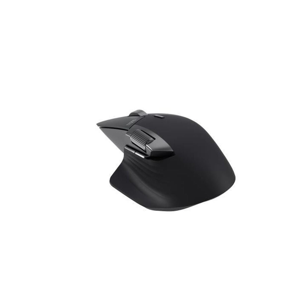 Une souris d'ordinateur ergonomique noire est isolée sur fond blanc. Elle possède plusieurs boutons et une molette de défilement.
