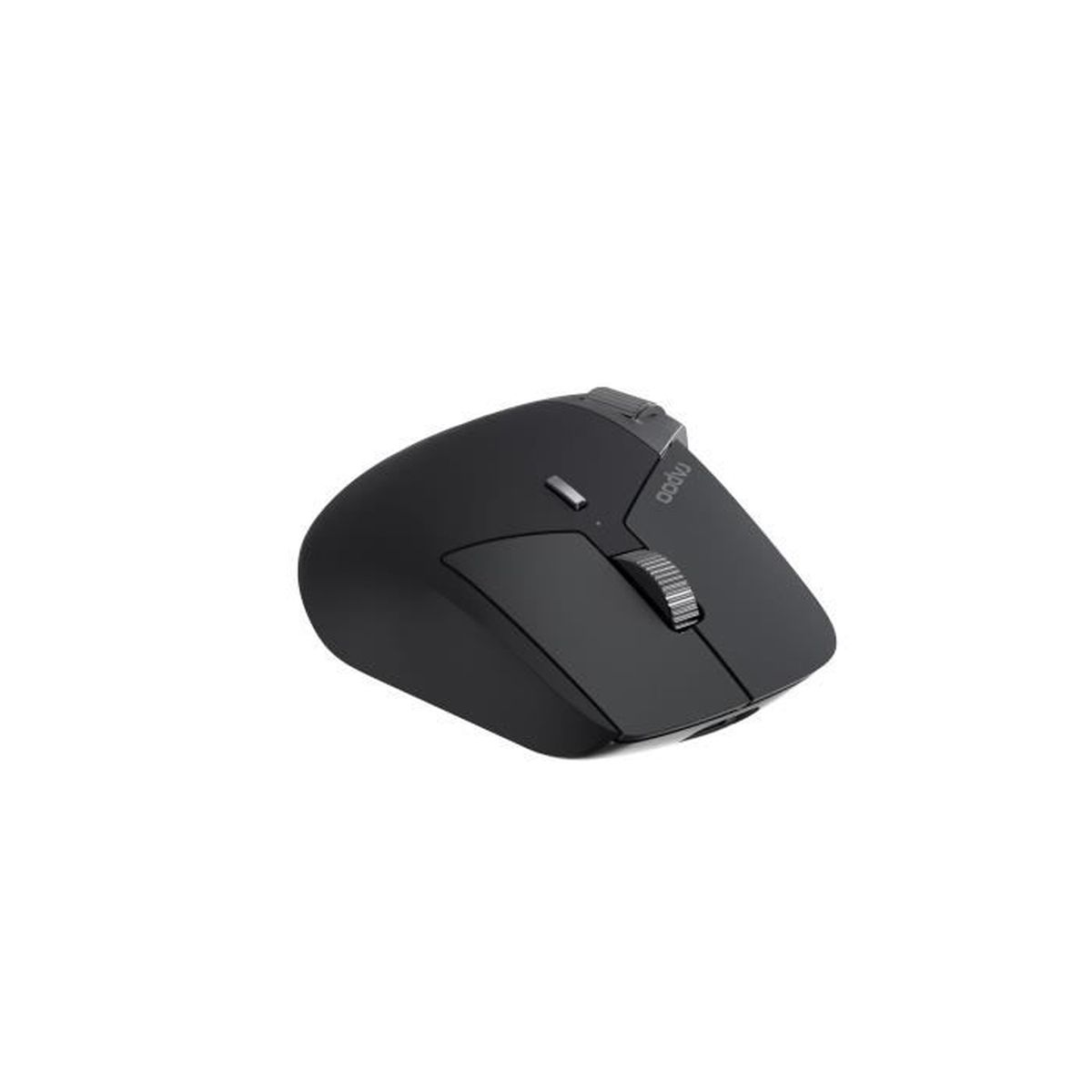 Une souris d'ordinateur noire de Rapoo, sur fond blanc. Elle possède une molette et des boutons. La souris est inclinée.