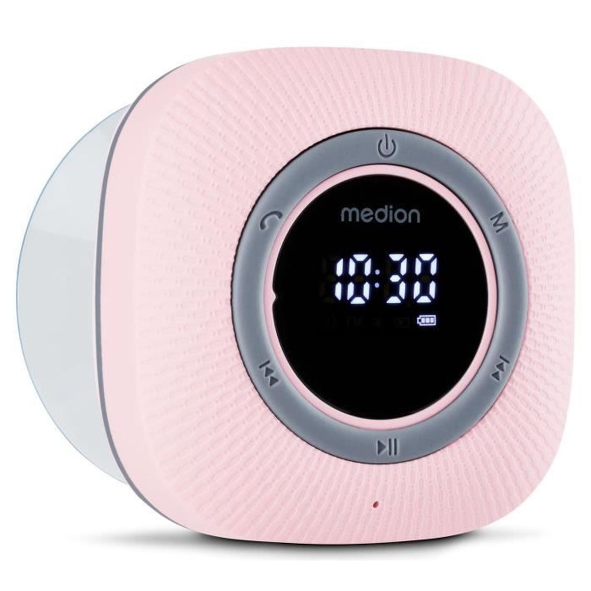 A pink Medion CD player with a gray control panel. The display shows 10:30. Buttons include power, play/pause, and skip.