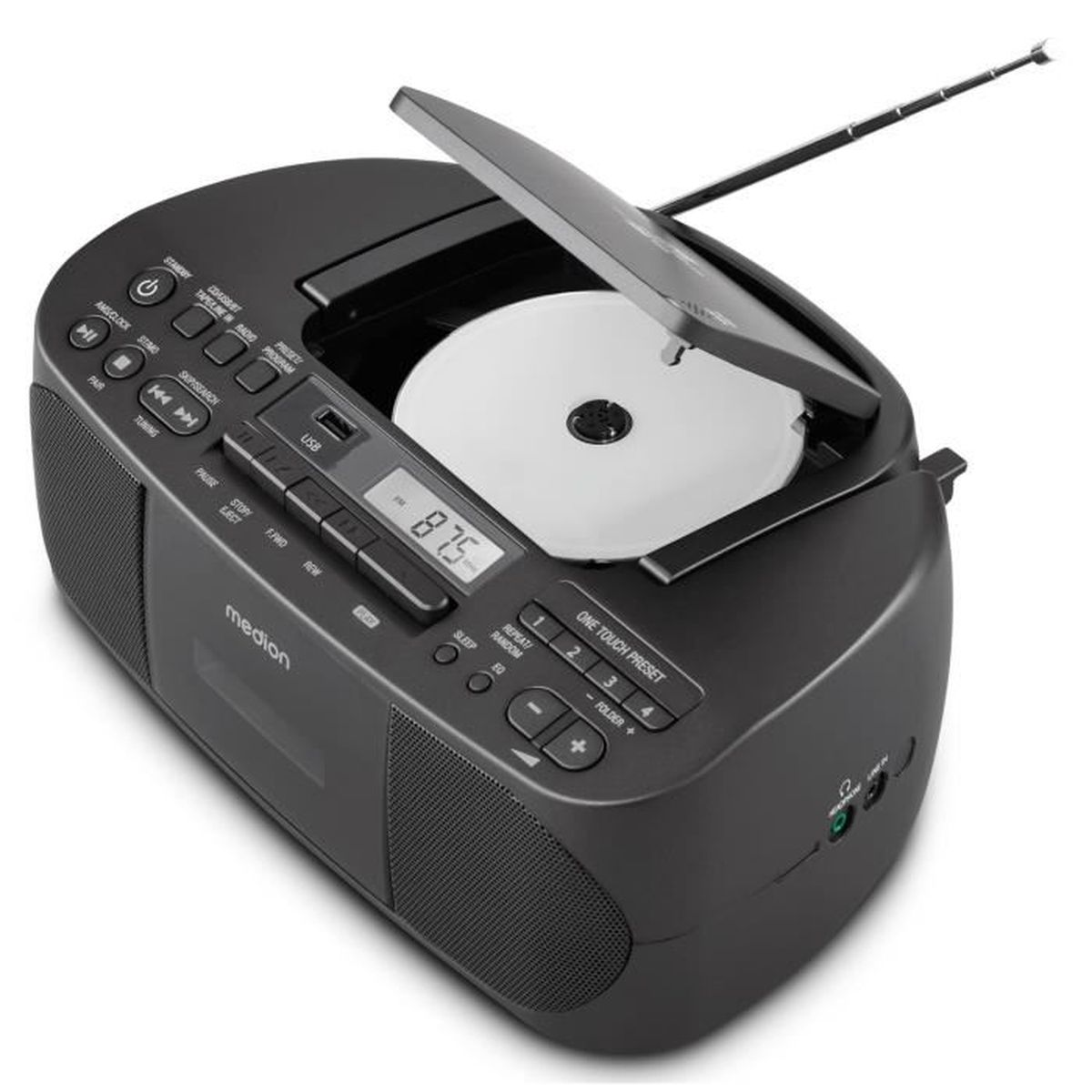 Ein schwarzer Medion CD-Player mit offenem Deckel und einer CD. Die Radioantenne ist ausgefahren, mit Digitalanzeige.