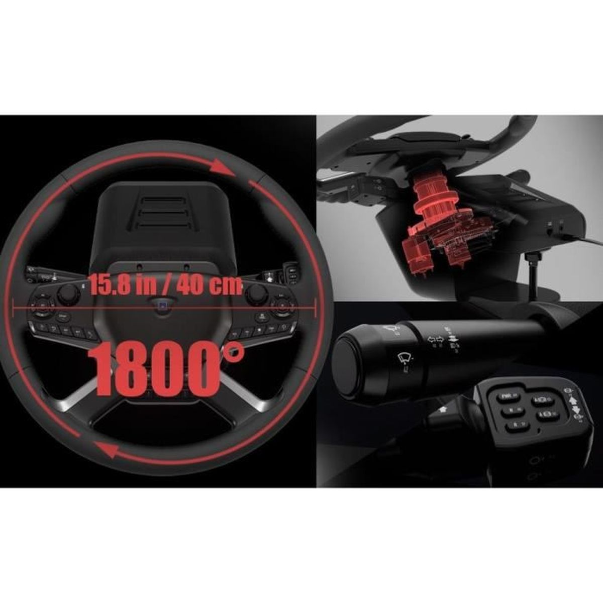 Obraz przedstawia kierownicę samochodu, elementy sterujące i szczegóły mechanizmu. Zawiera wymiary i pomiary kątów na ciemnym tle.