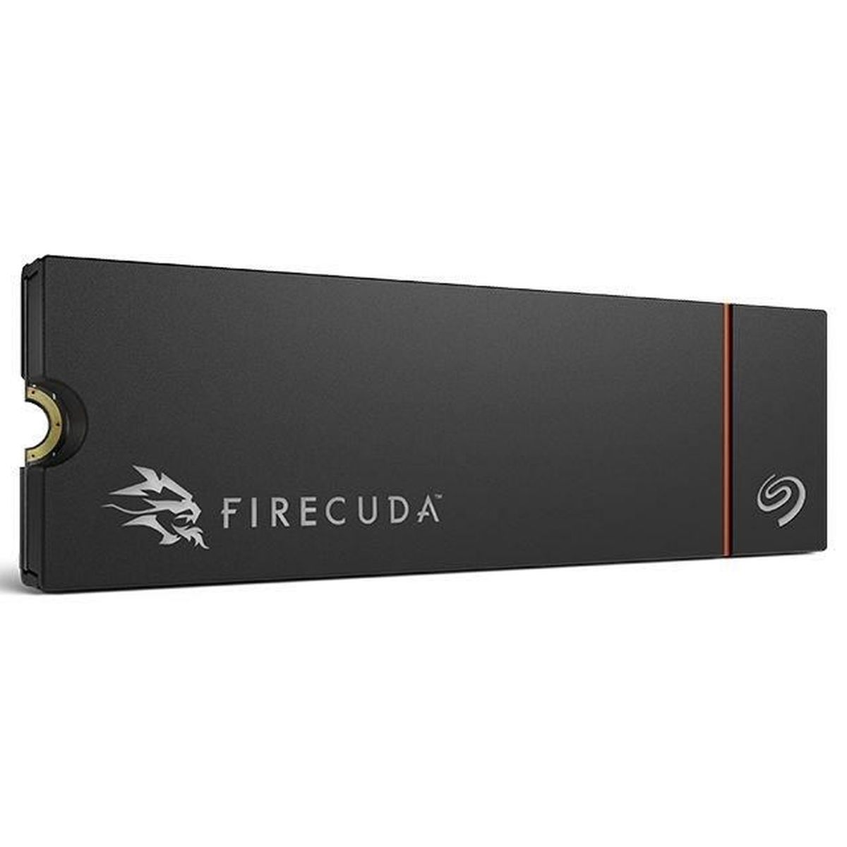 Czarny dysk SSD FireCuda. Posiada logo i tekst. Ma pomarańczową linię i logo Seagate. Na białym tle.