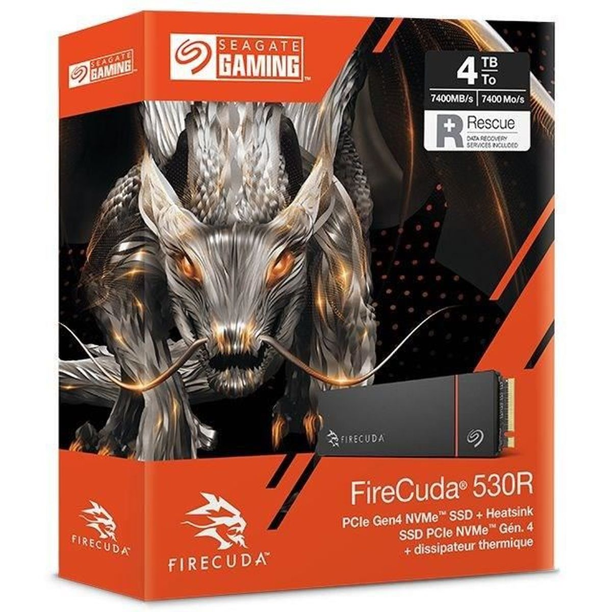 Pudełko Seagate FireCuda 530R z grafiką smoka. Zawiera 4 TB, 7400 MB/s i usługi odzyskiwania danych.