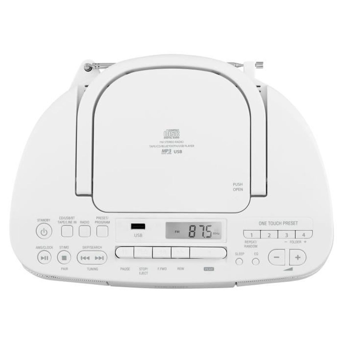 Weißes Stereo mit CD-Schlitz, UKW-Radio-Display und Knöpfen. Verfügt über USB, Voreinstelltasten und eine Digitalanzeige mit 87,5 MHz.