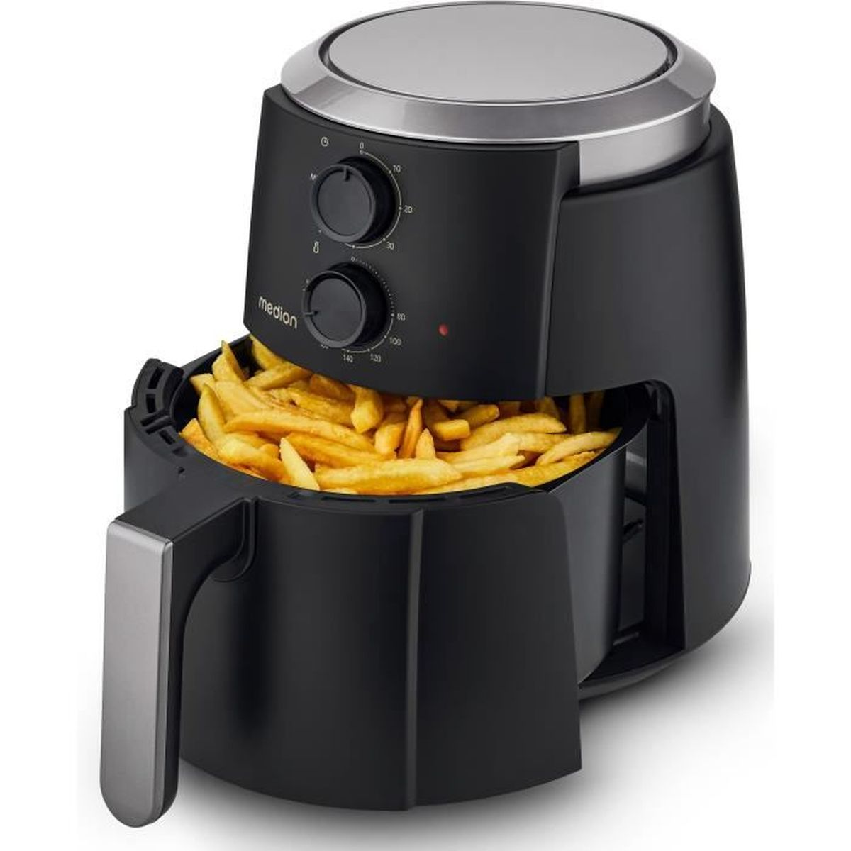 Zwarte heteluchtfriteuse gevuld met goudgele friet. Het heeft een zilveren handvat en knoppen voor tijd en temperatuur.