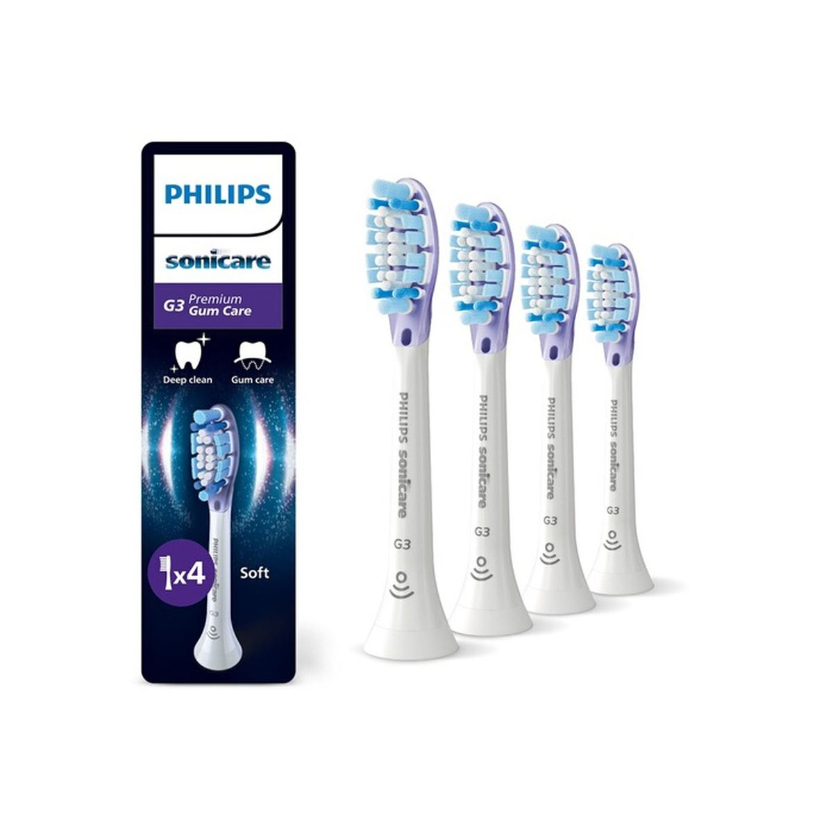 Cabezales de cepillo de dientes Philips Sonicare. Se muestran cuatro cabezales junto al embalaje. El embalaje muestra el nombre del producto y sus características.