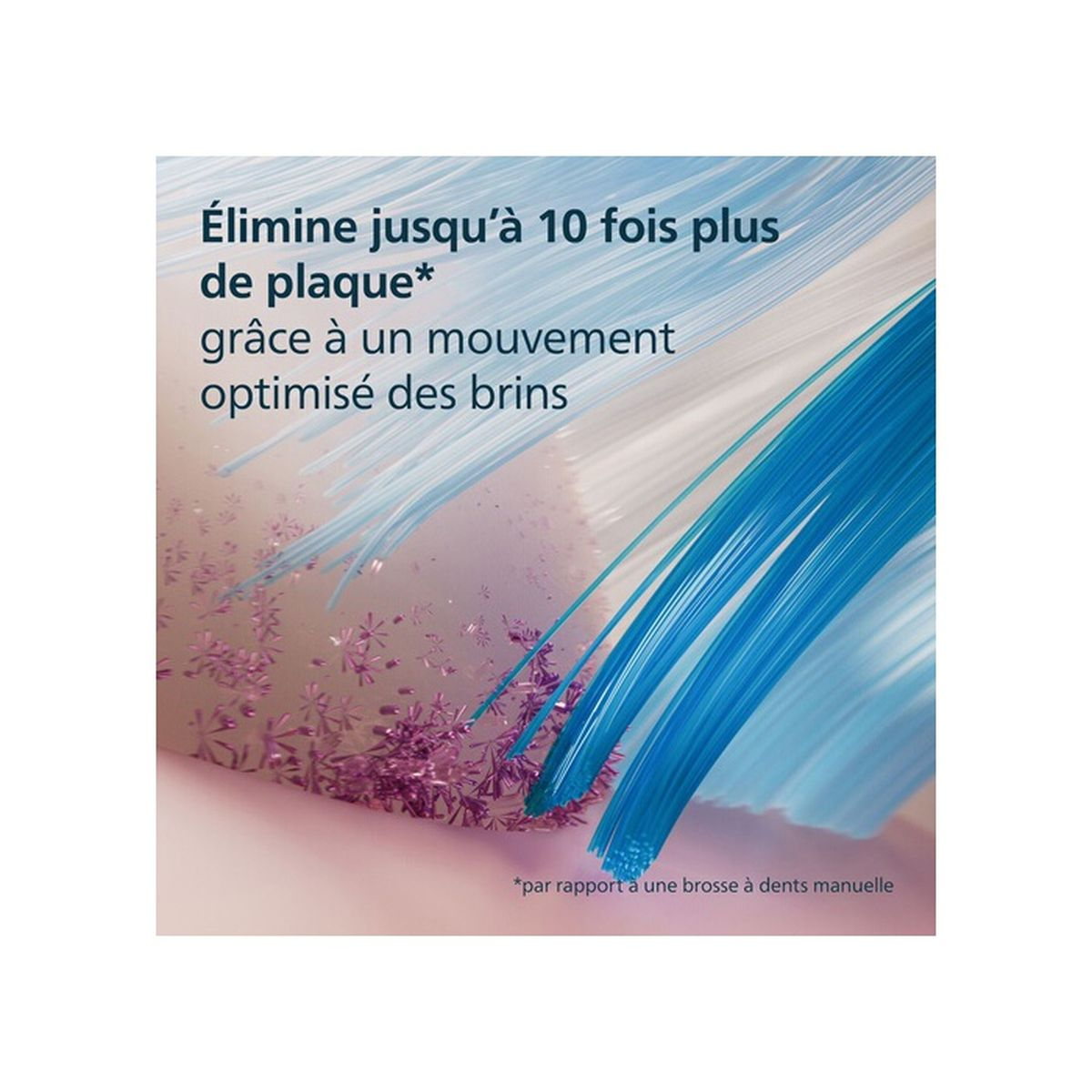 La imagen muestra un cabezal de cepillo de dientes con cerdas azules. El texto dice: Elimina hasta 10 veces más placa.