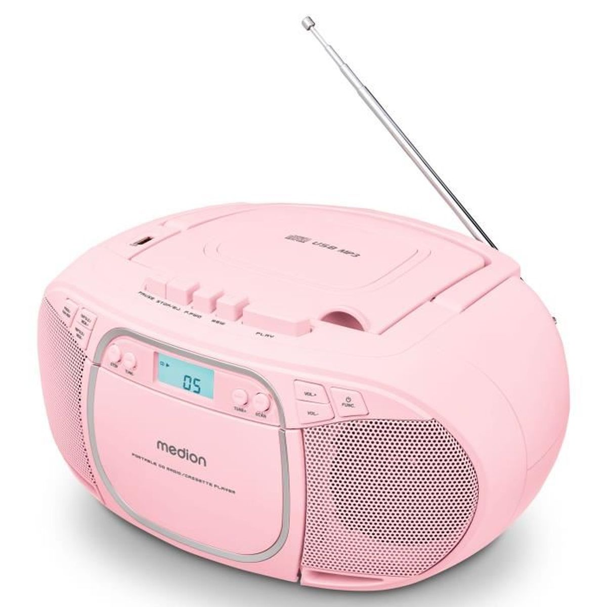 Ein pinkfarbener tragbarer Medion CD-Radio/Kassetten-Player wird angezeigt. Es hat ein digitales Display, Lautsprechergitter und eine Antenne.
