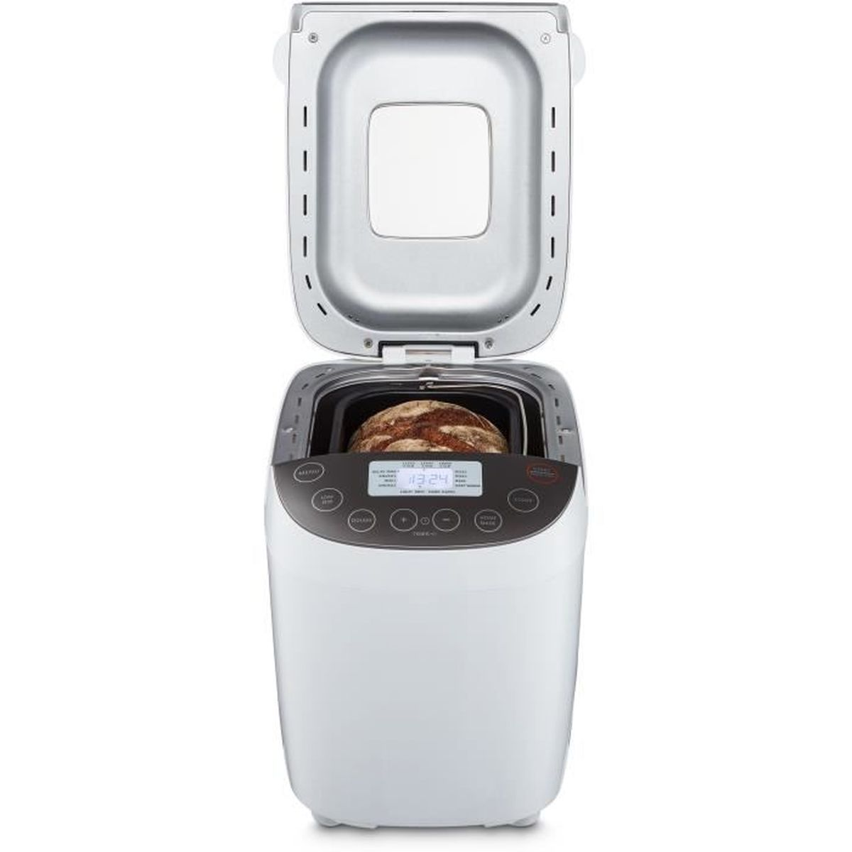 Ein weißer Brotbackautomat mit offenem Deckel, der einen Brotlaib zeigt. Das Bedienfeld zeigt Einstellungen an. Der Hintergrund ist weiß.