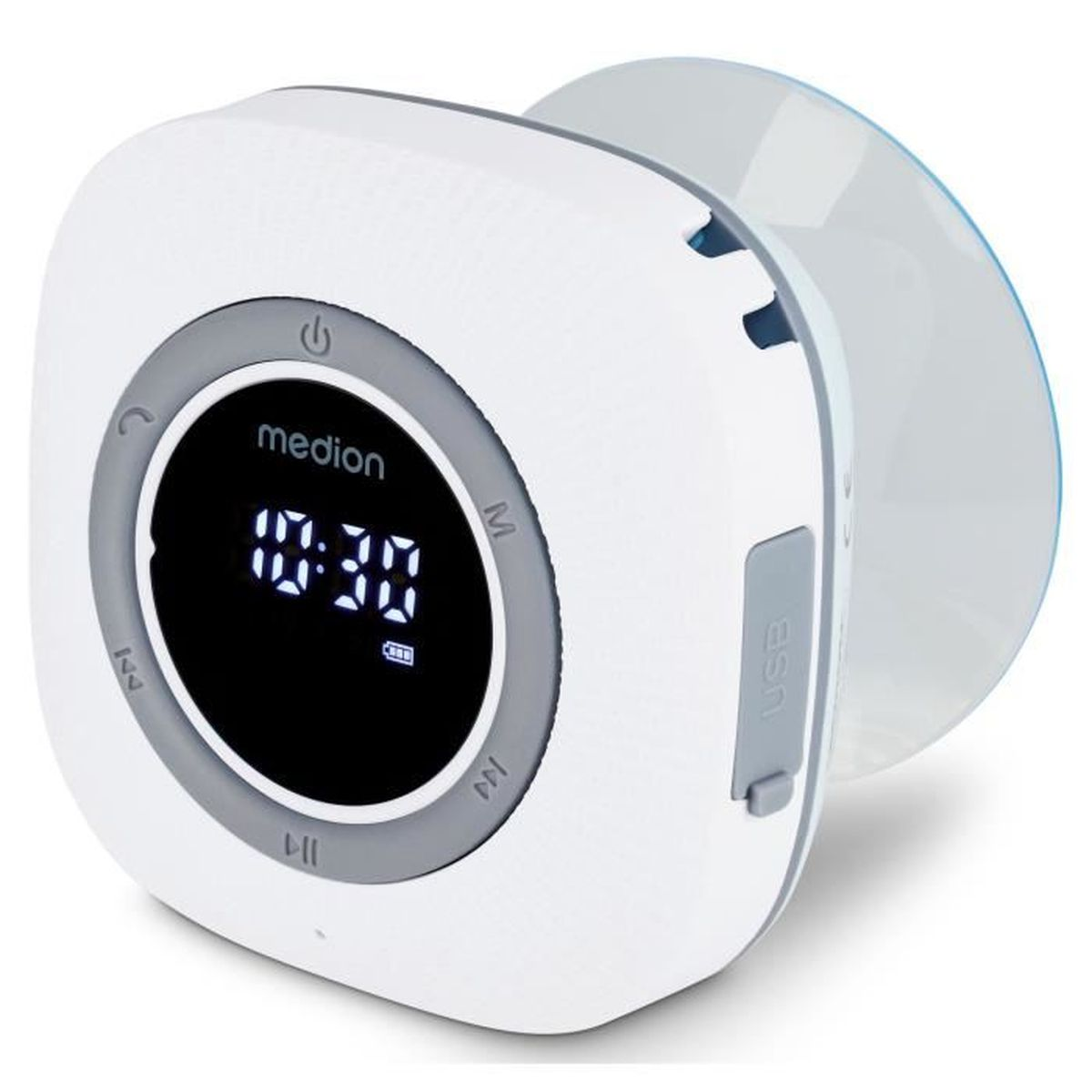 A white Medion digital clock radio with a circular display showing 10:30. It has a USB port and is attached to a clear stand.