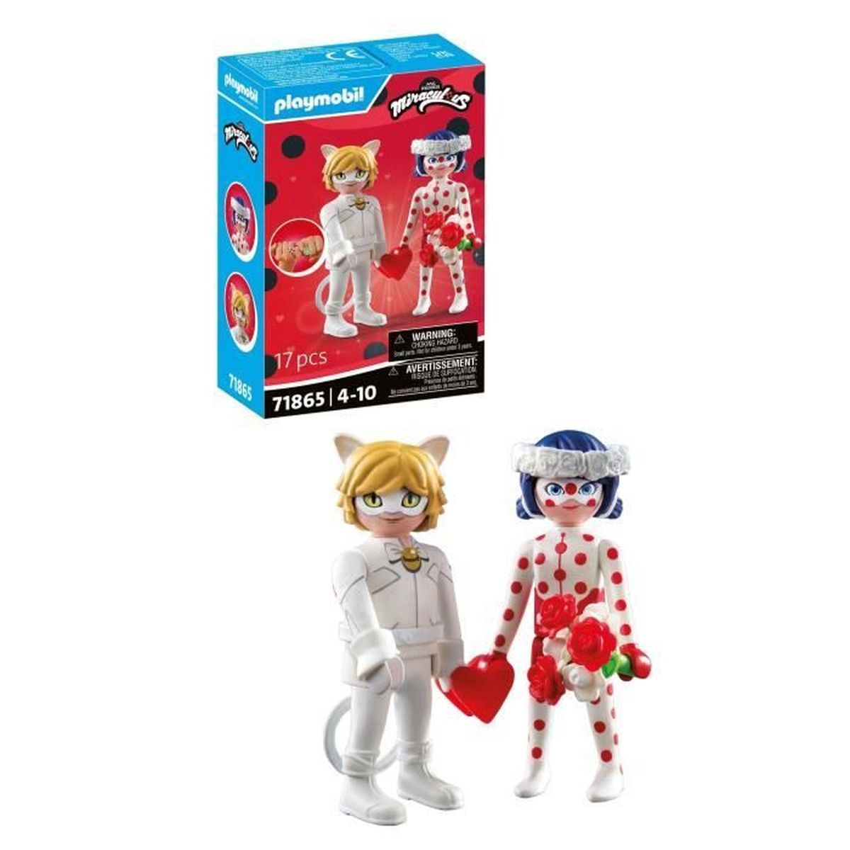 Zestaw Playmobil z dwiema figurkami: postacią o tematyce kota i postacią o tematyce biedronki, trzymającą serce i kwiaty.