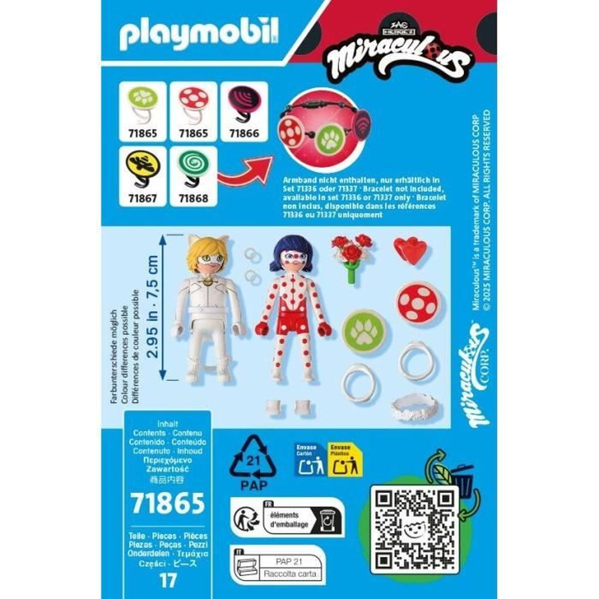 Pudełko Playmobil z figurkami Miraculous. Postacie Cat Noir i Biedronka są centralne. Widoczne akcesoria i kod QR.