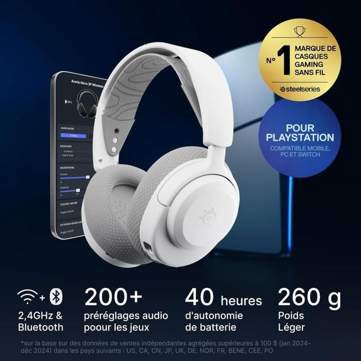 Cuffie da gioco bianche con impostazioni del telefono. Include Bluetooth 2.4GHz, oltre 200 preimpostazioni e 40 ore di batteria.