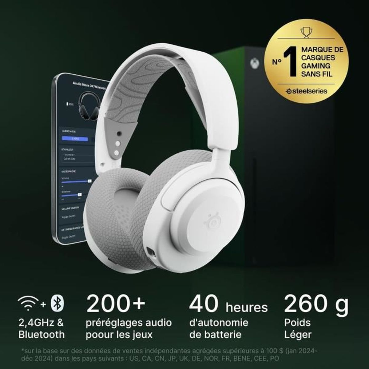 Weißes SteelSeries Arctis Nova 3X-Wireless-Headset. Funktionen umfassen 2,4 GHz und Bluetooth, 200+ Audio-Voreinstellungen, 40 Stunden Akku und 260 g Gewicht.