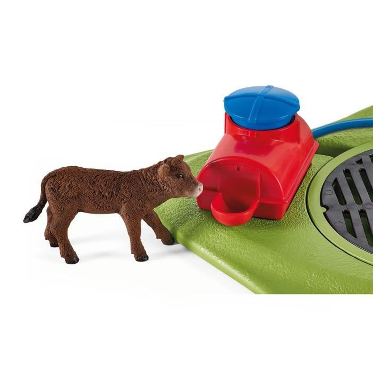 Ein braunes Kalb steht in der Nähe eines rot-blauen Wassertrogs auf einer grünen Fläche.