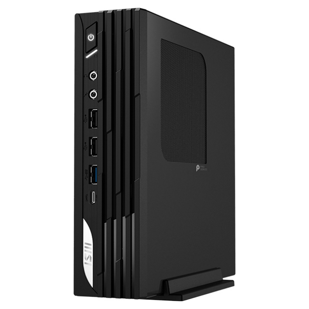 Czarny komputer stacjonarny MSI PRO z portami z przodu, przyciskiem zasilania i podstawką. Posiada panel boczny z siatki.