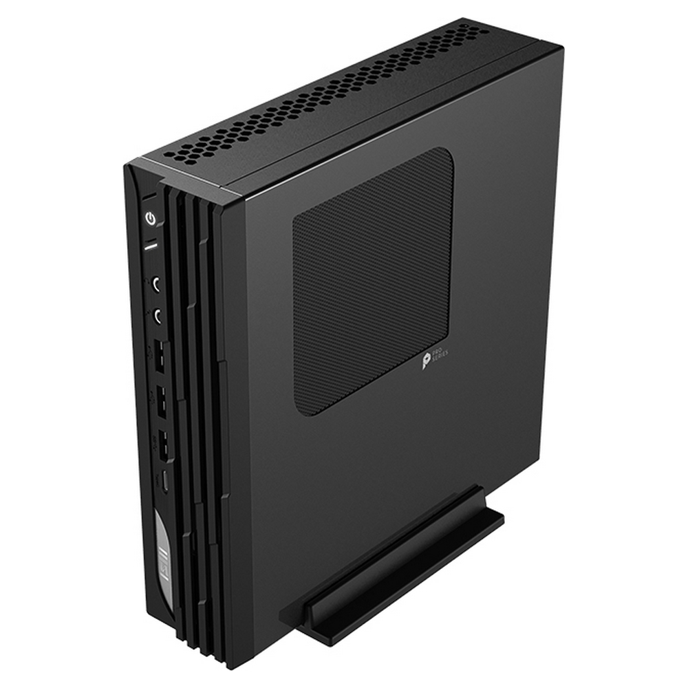 Czarna obudowa komputera stacjonarnego. Ma prostokątny kształt z panelem z siatki i stojakiem. Widoczne jest logo MSI.