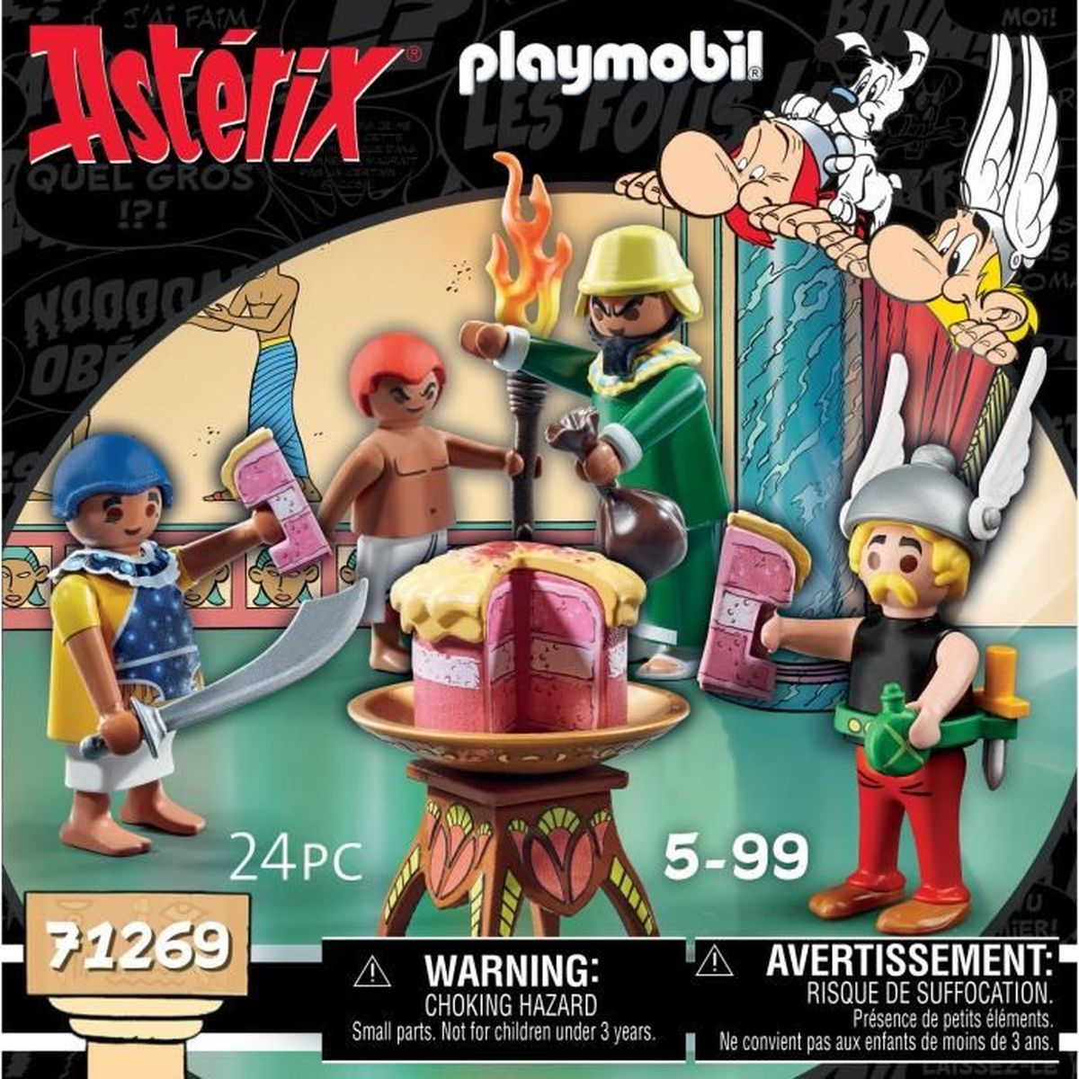 Zestaw Playmobil Asterix. Figurki, ciasto i pochodnia. Tekst zawiera 'Ostrzeżenie: Niebezpieczeństwo uduszenia się'.