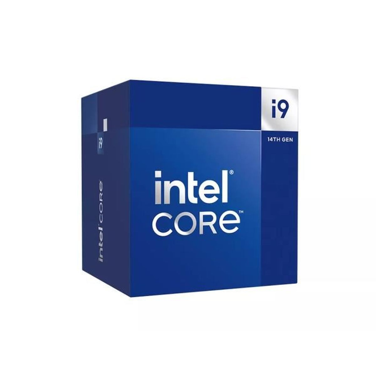Niebieskie pudełko Intel Core i9 14. generacji. Białe logo Intel Core i tekst i9 na froncie. Bok mówi Intel Core.