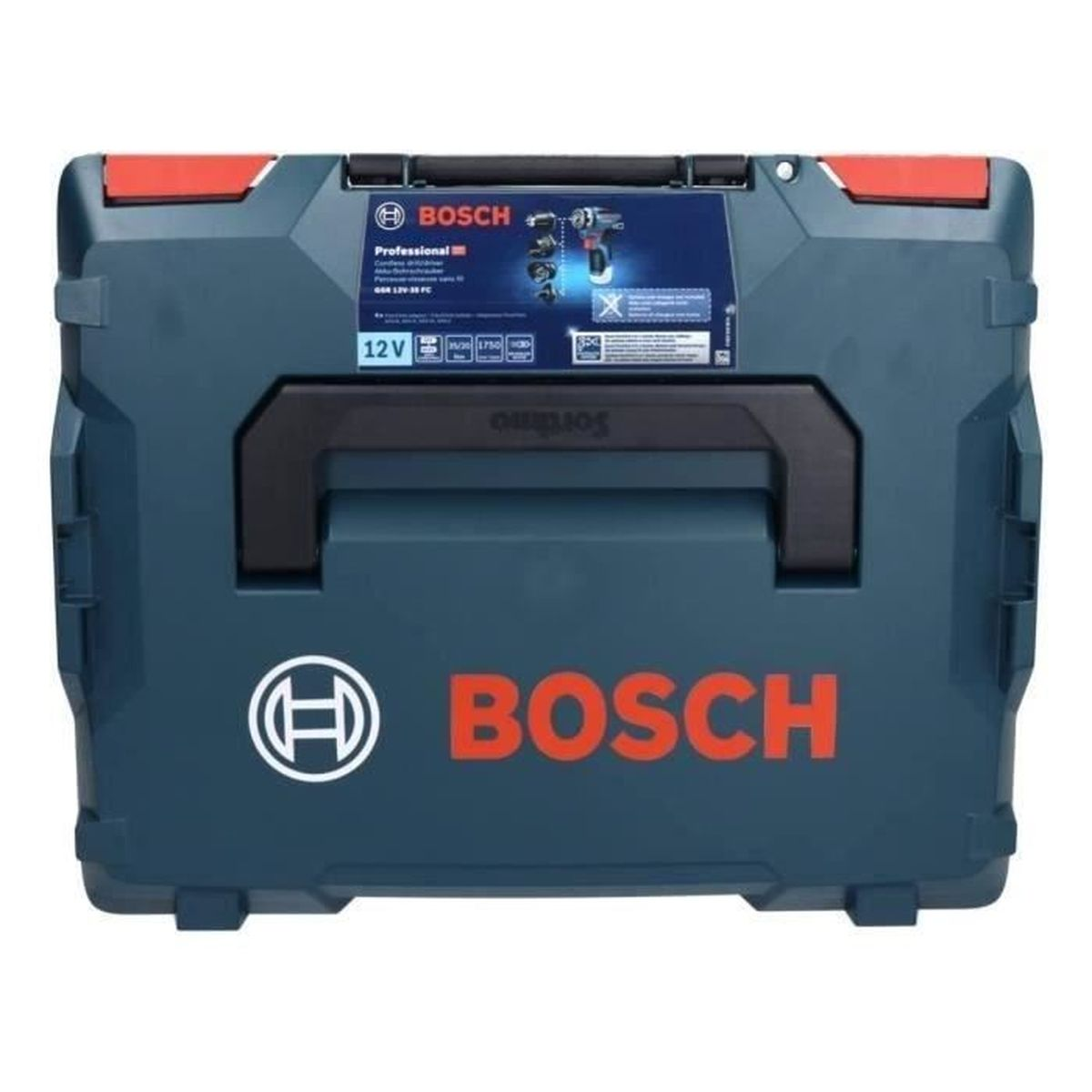 Turkusowa skrzynka narzędziowa Bosch z czerwonymi akcentami. Logo Bosch jest widoczne. Widoczny jest uchwyt, etykieta produktu i szczegóły modelu.