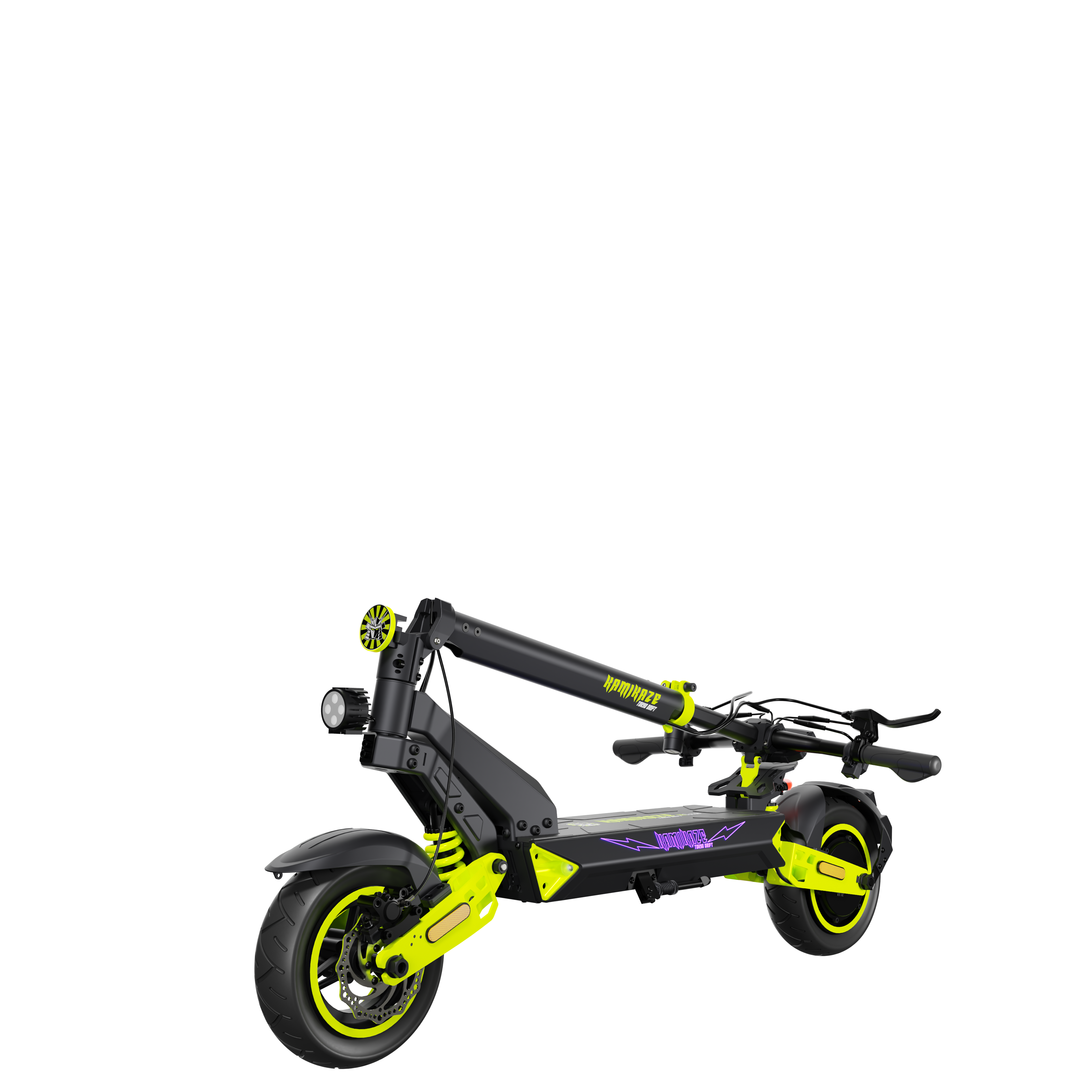 Czarny i neonowo-zielony skuter elektryczny na czarnym tle. Zawiera koła, podest i kierownicę.