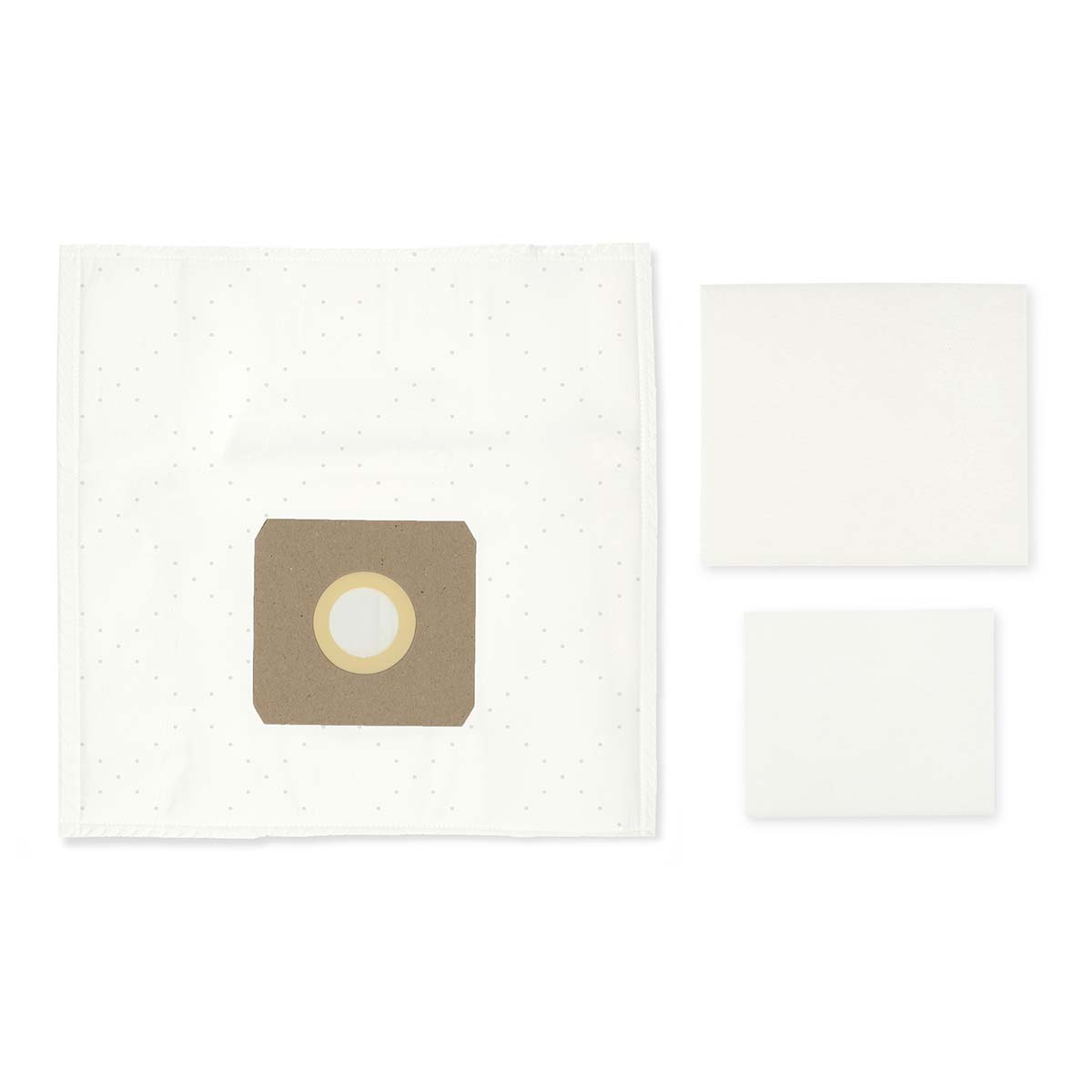 White vacuum bag with brown insert and two white filters. The bag has small gray dots. The brown insert has a central beige circle.