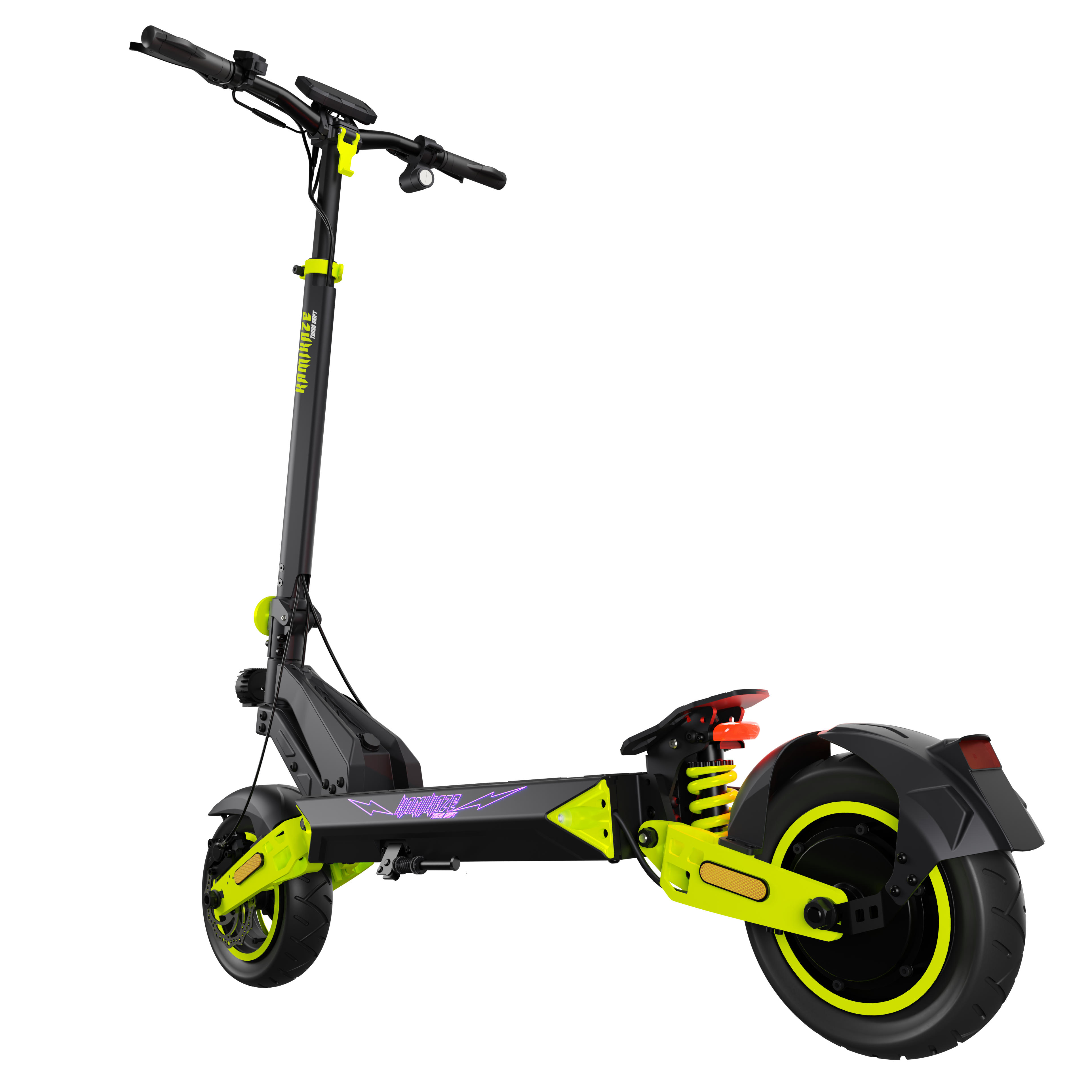 Czarna i neonowo zielona hulajnoga elektryczna na czarnym tle.