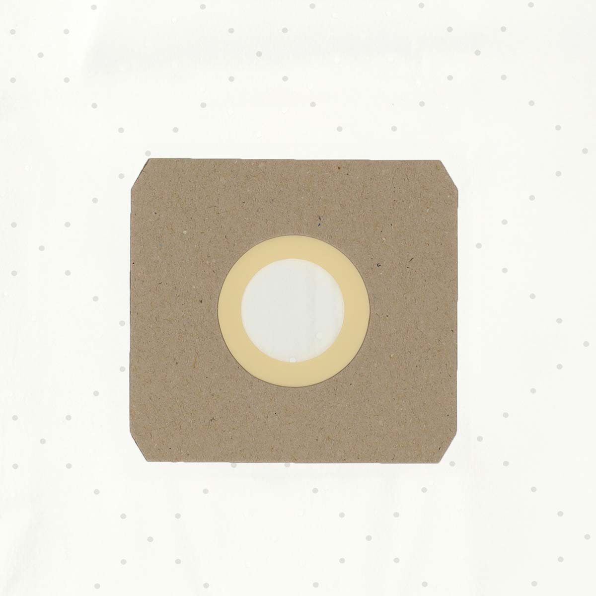 Square brown filter with a central circle, surrounded by a yellow ring, and a white circle. Background is white with gray dots.