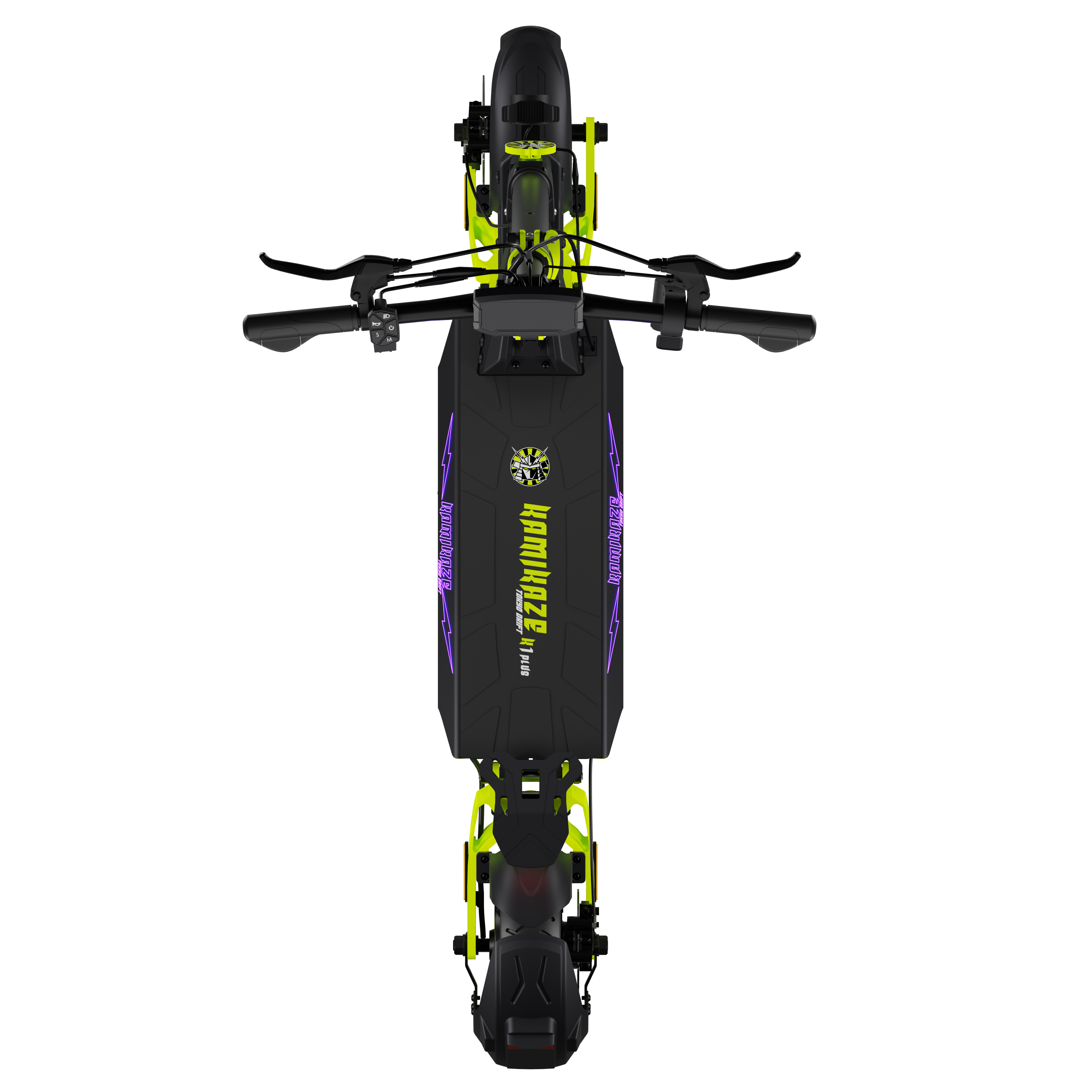 Widok z góry na czarną i neonowo-zieloną hulajnogę elektryczną. Pokład ma markę "Kamikaze", z czarnym tłem.