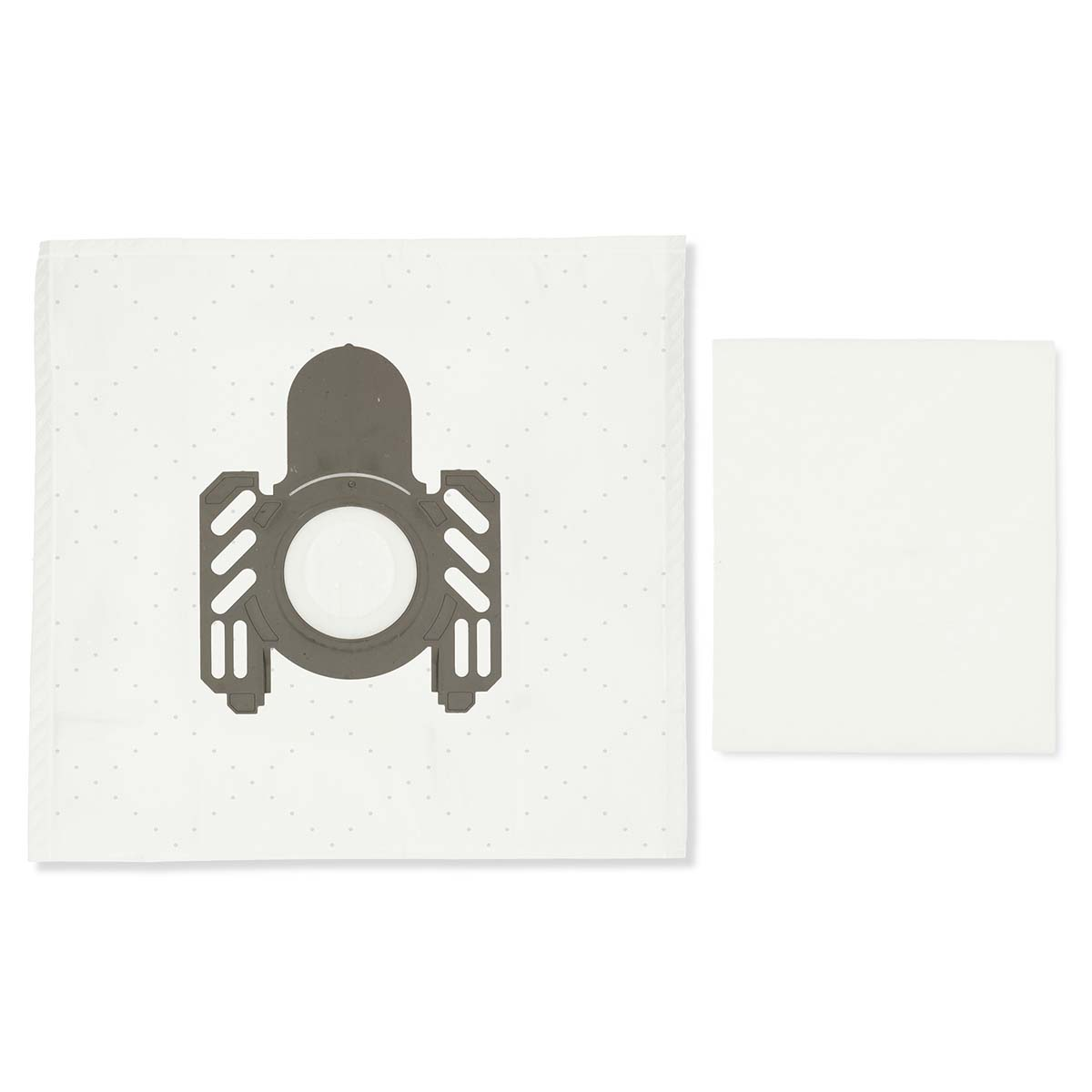 Two white objects on a white background. One is a vacuum bag with a dark gray intake. The other is a white square filter.