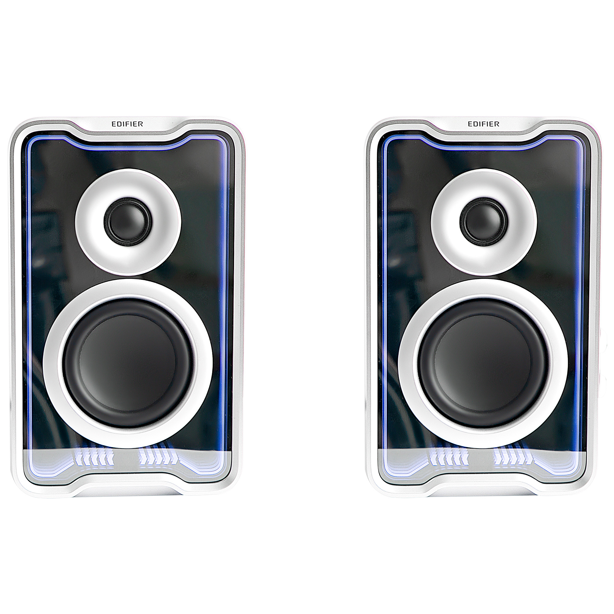 Dwa nowoczesne głośniki z biało-czarnym designem, niebieskimi akcentami LED i marką Edifier na białym tle.