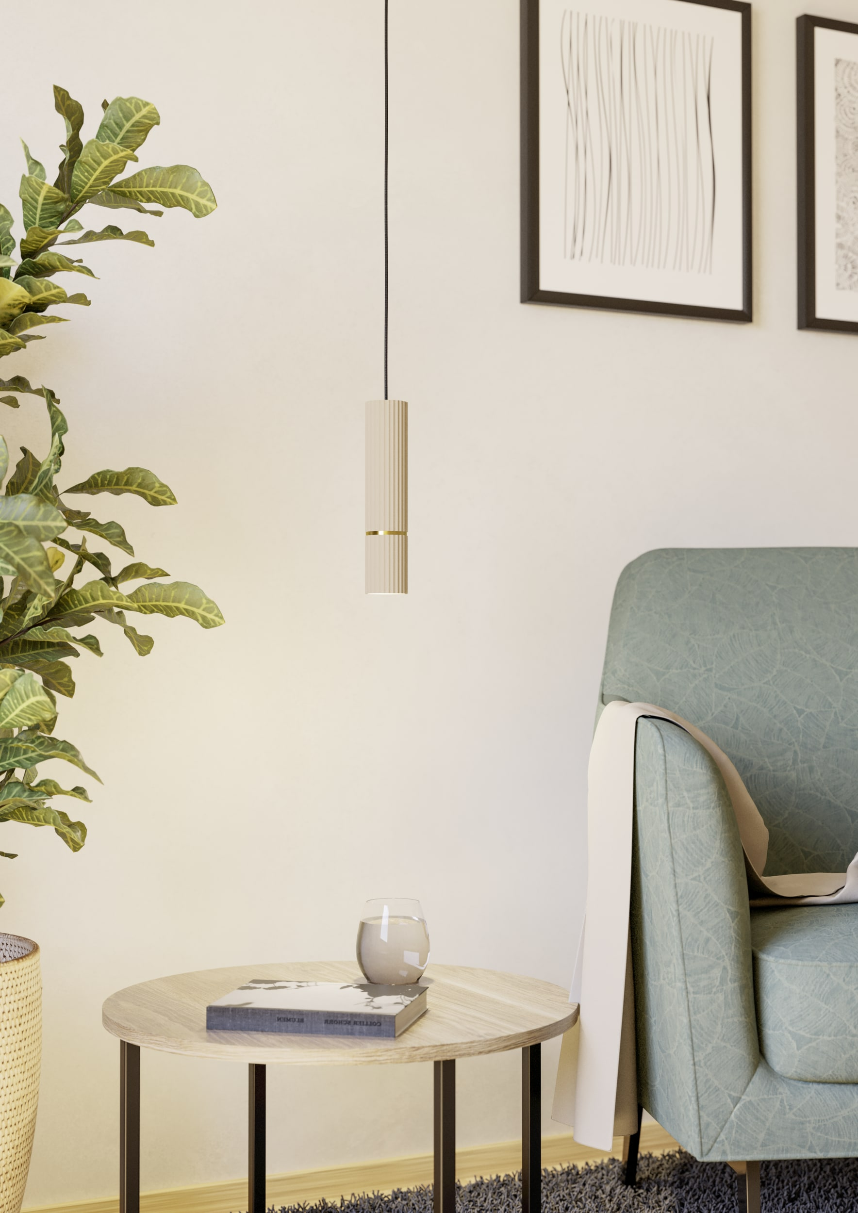 Escena interior: mesa redonda con vaso y libro, sillón verde, lámpara colgante y planta.