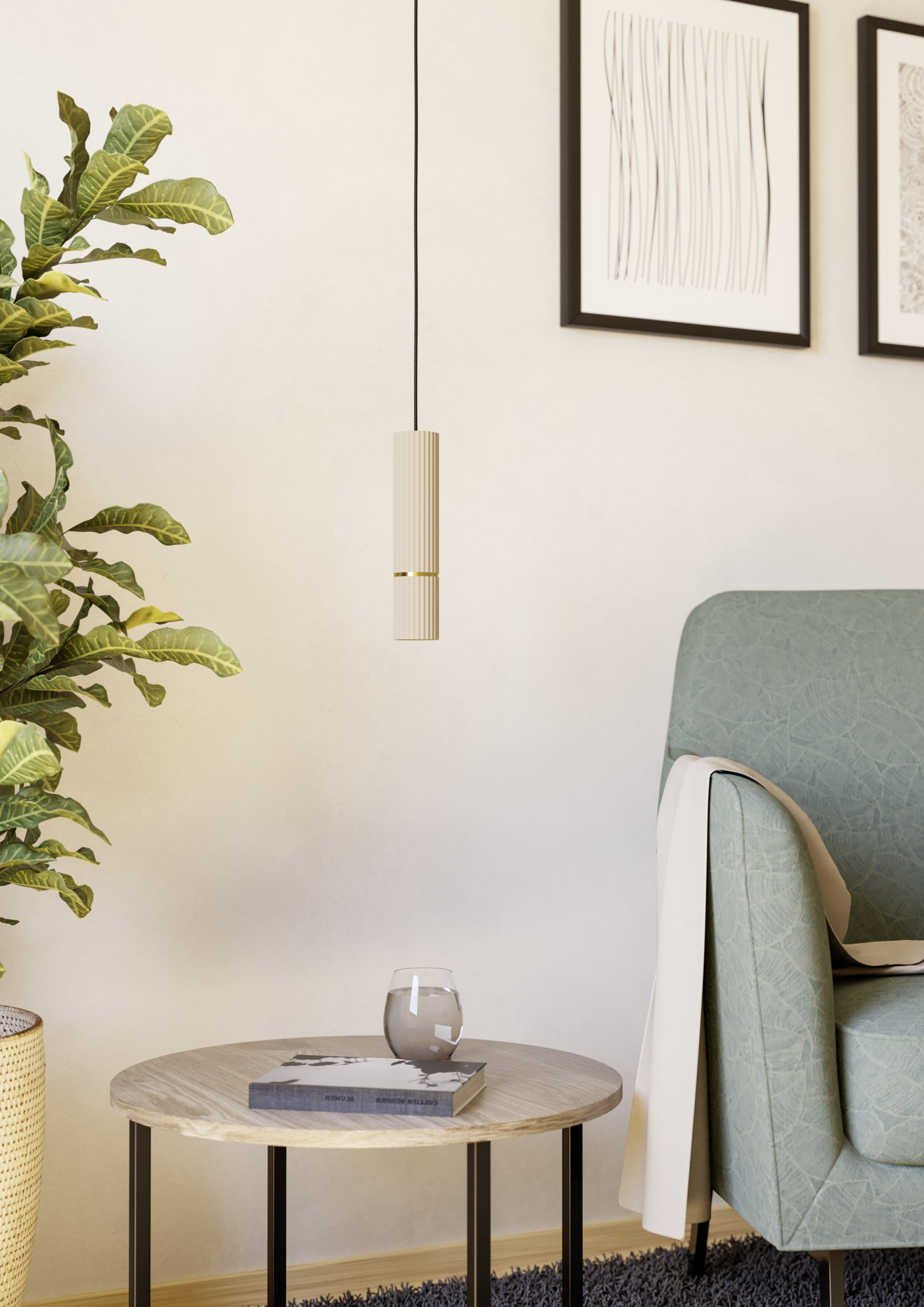 Una habitación con una planta, una mesa con un libro y un vaso, y una lámpara.