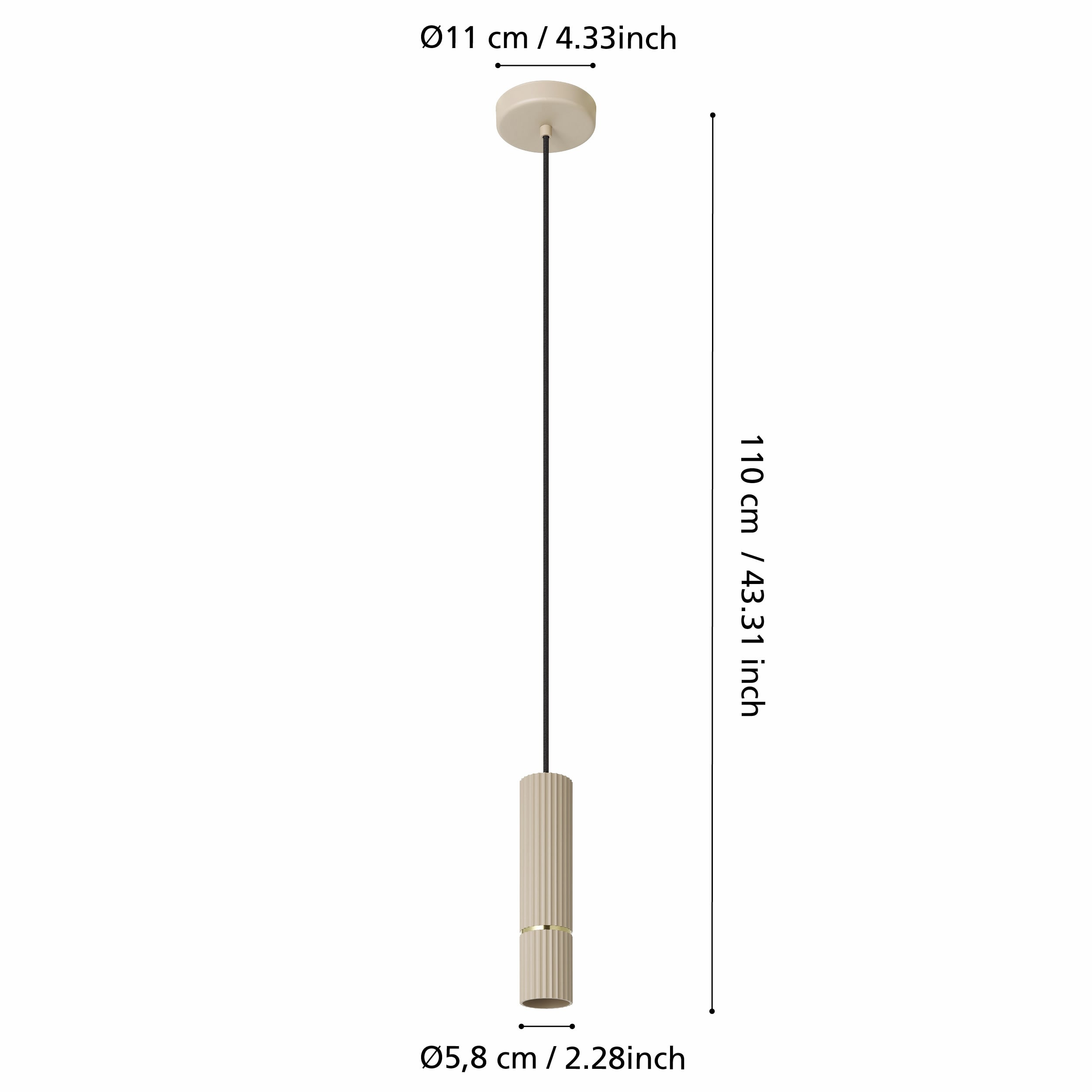 Una lámpara colgante cilíndrica beige con cable negro, se proporcionan dimensiones. La lámpara tiene detalles dorados.