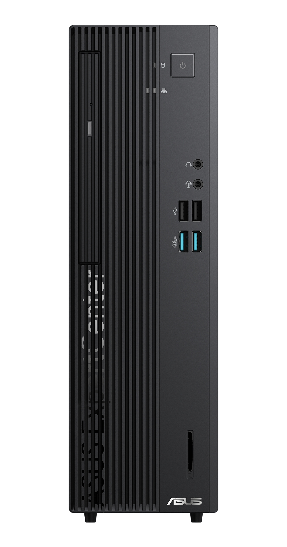 Computer desktop ASUS nero. Vista frontale con pulsante di accensione, porte e design verticale con logo ASUS.