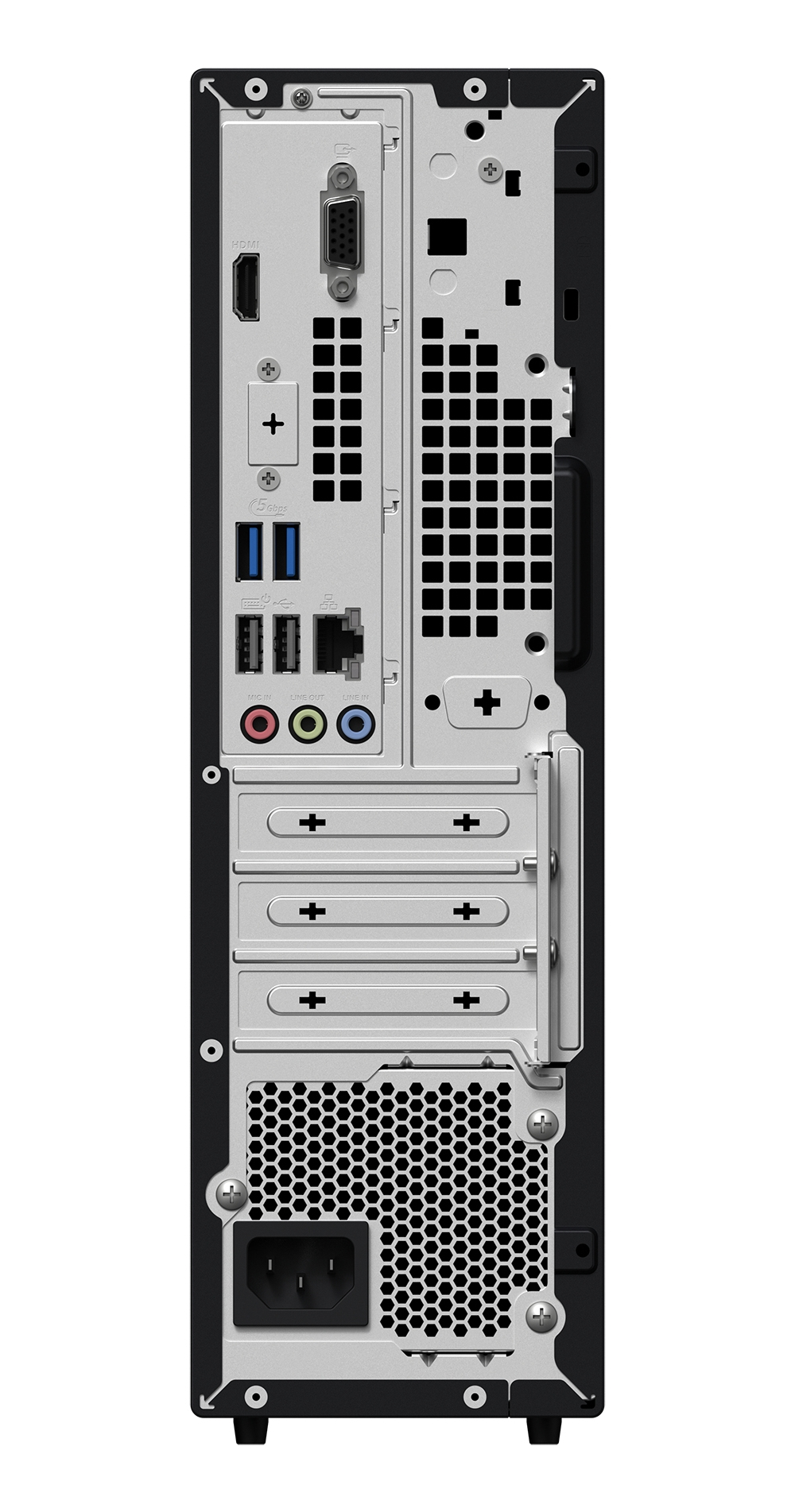 Vista posteriore di un computer. Include HDMI, porte USB, jack audio e ventilazione, oltre all'ingresso di alimentazione.