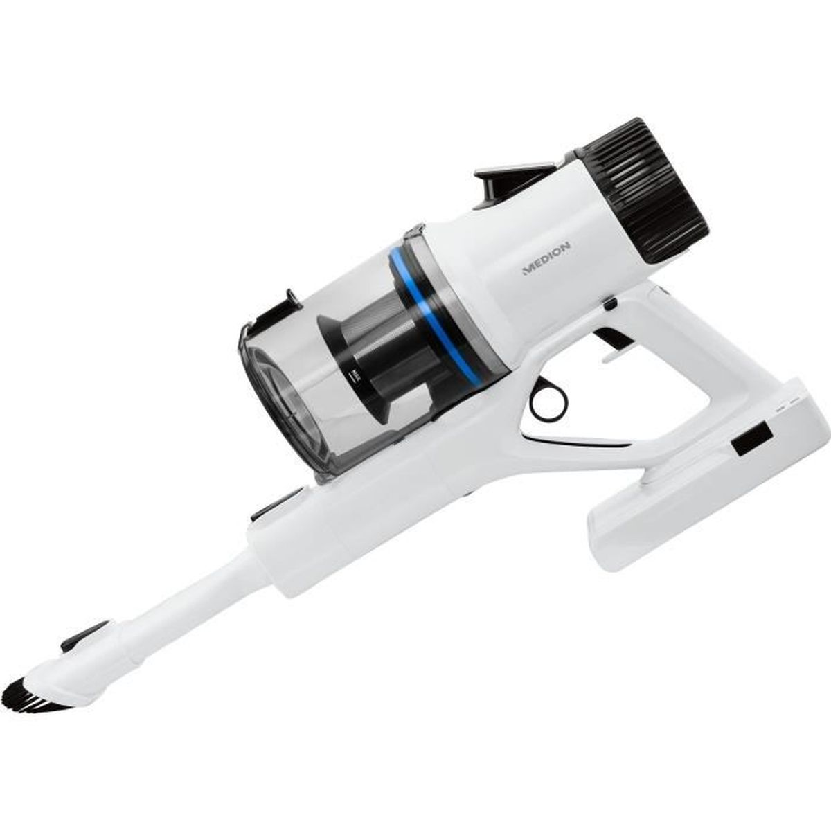 Un aspirateur sans fil Medion blanc et noir. Il possède un bac à poussière transparent, un accent bleu et une longue poignée.