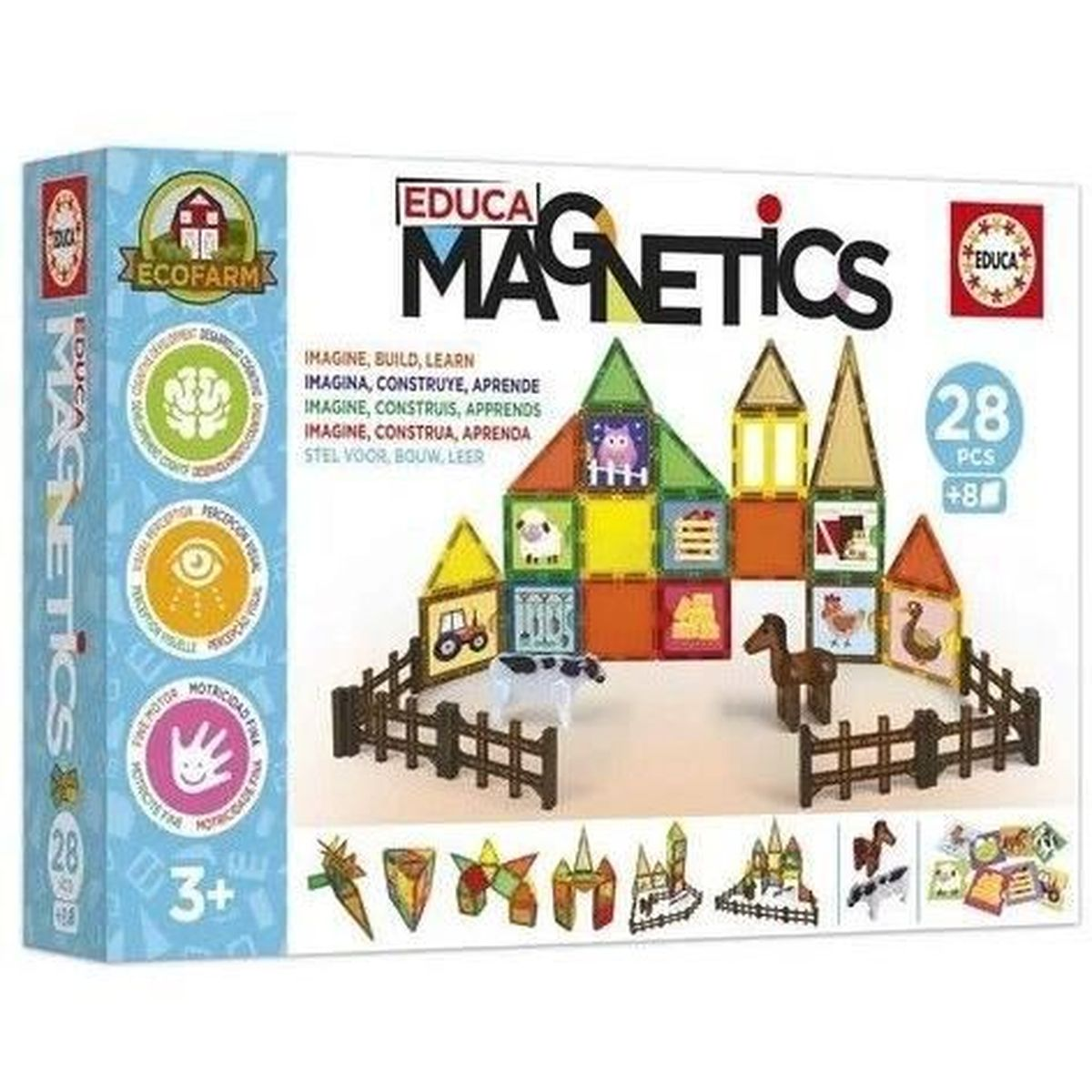Una scatola di Educa Magnetics con blocchi magnetici a tema fattoria. I blocchi sono assemblati per creare case e animali da fattoria. Sulla scatola c'è scritto 'Immagina, Costruisci, Impara'.