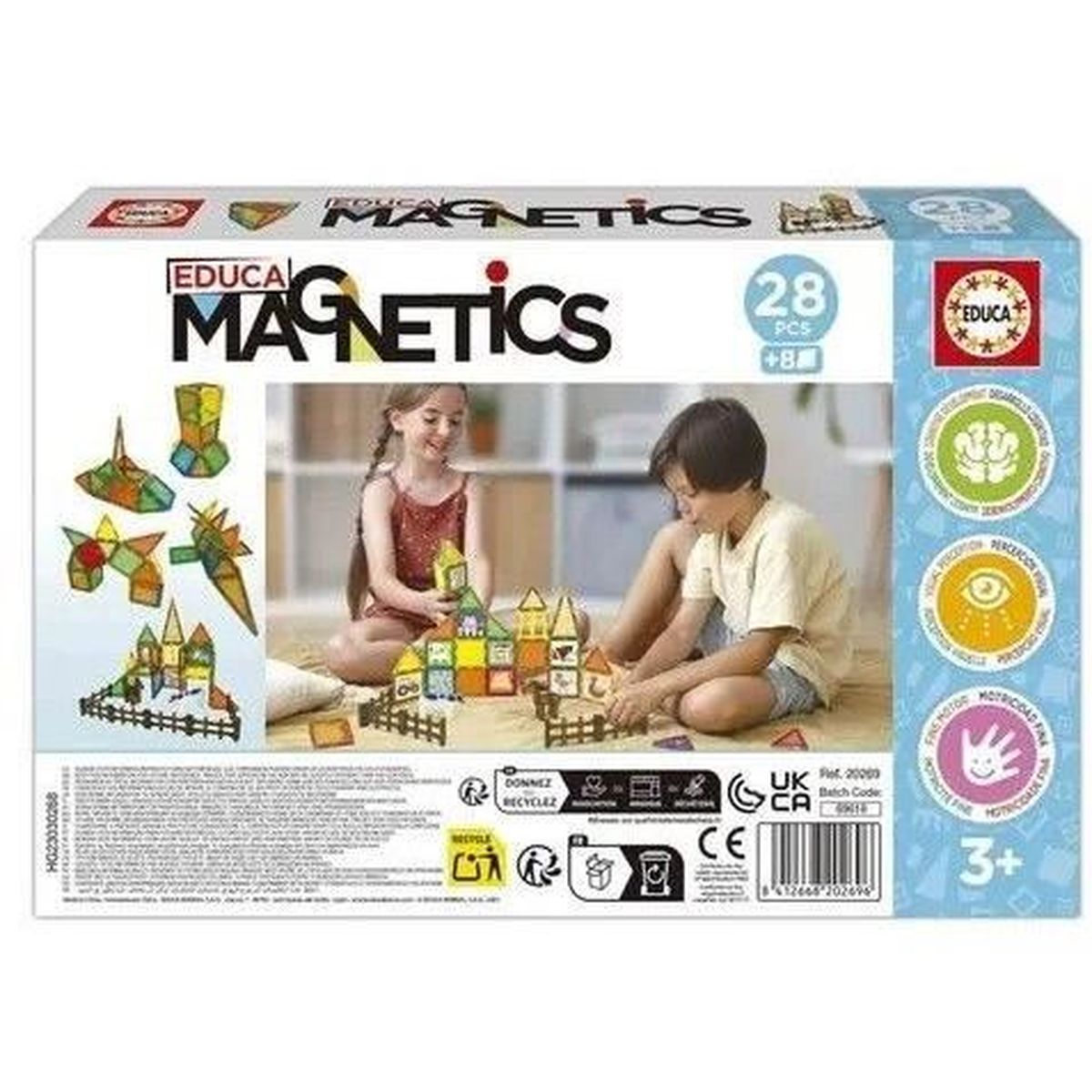 Scatola di Educa Magnetics. I bambini giocano con blocchi magnetici. La scatola ha testo, immagini e simboli.